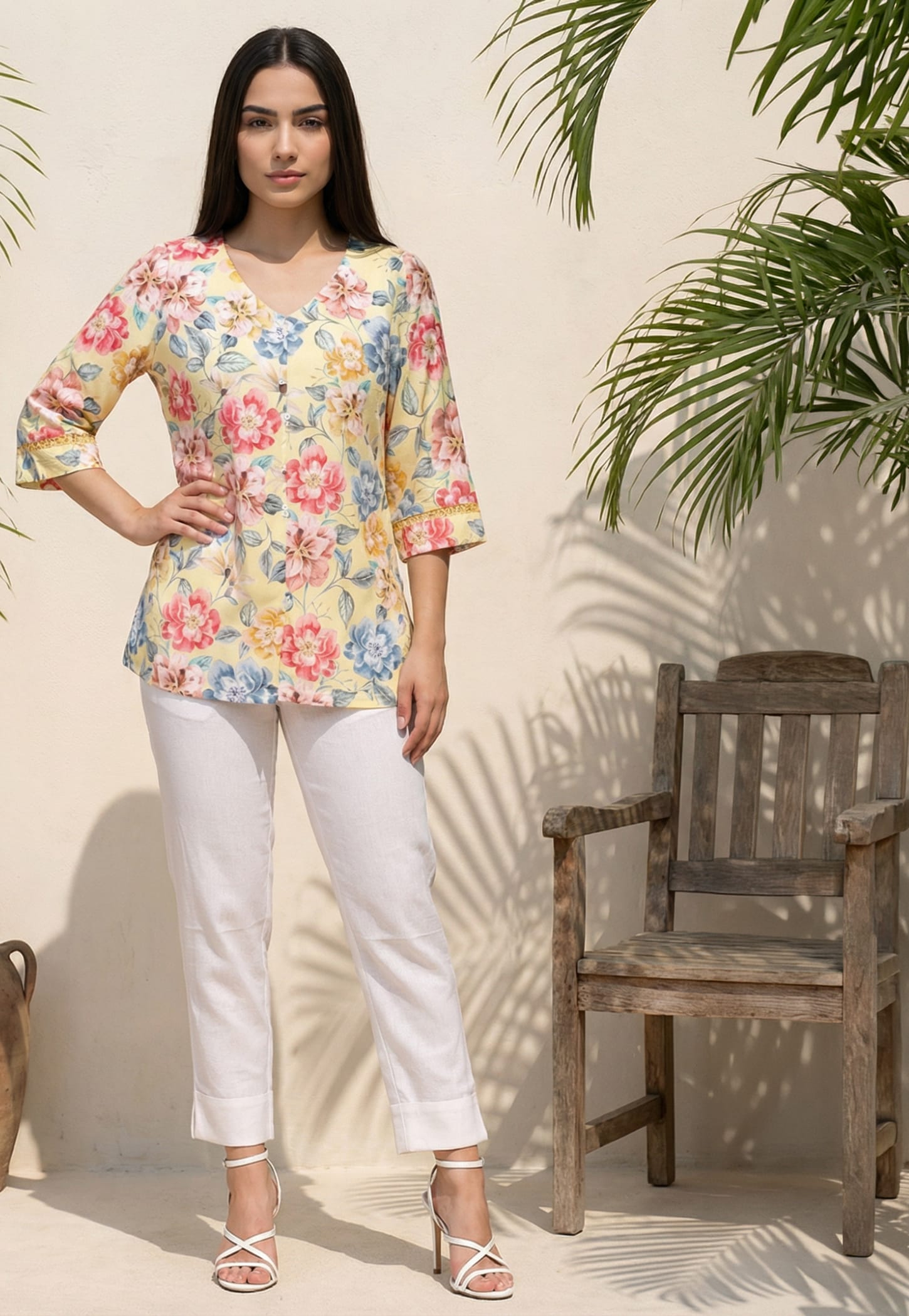 AURELIA Floral Print V-Neck 3/4th Sleeves Top-image-49
