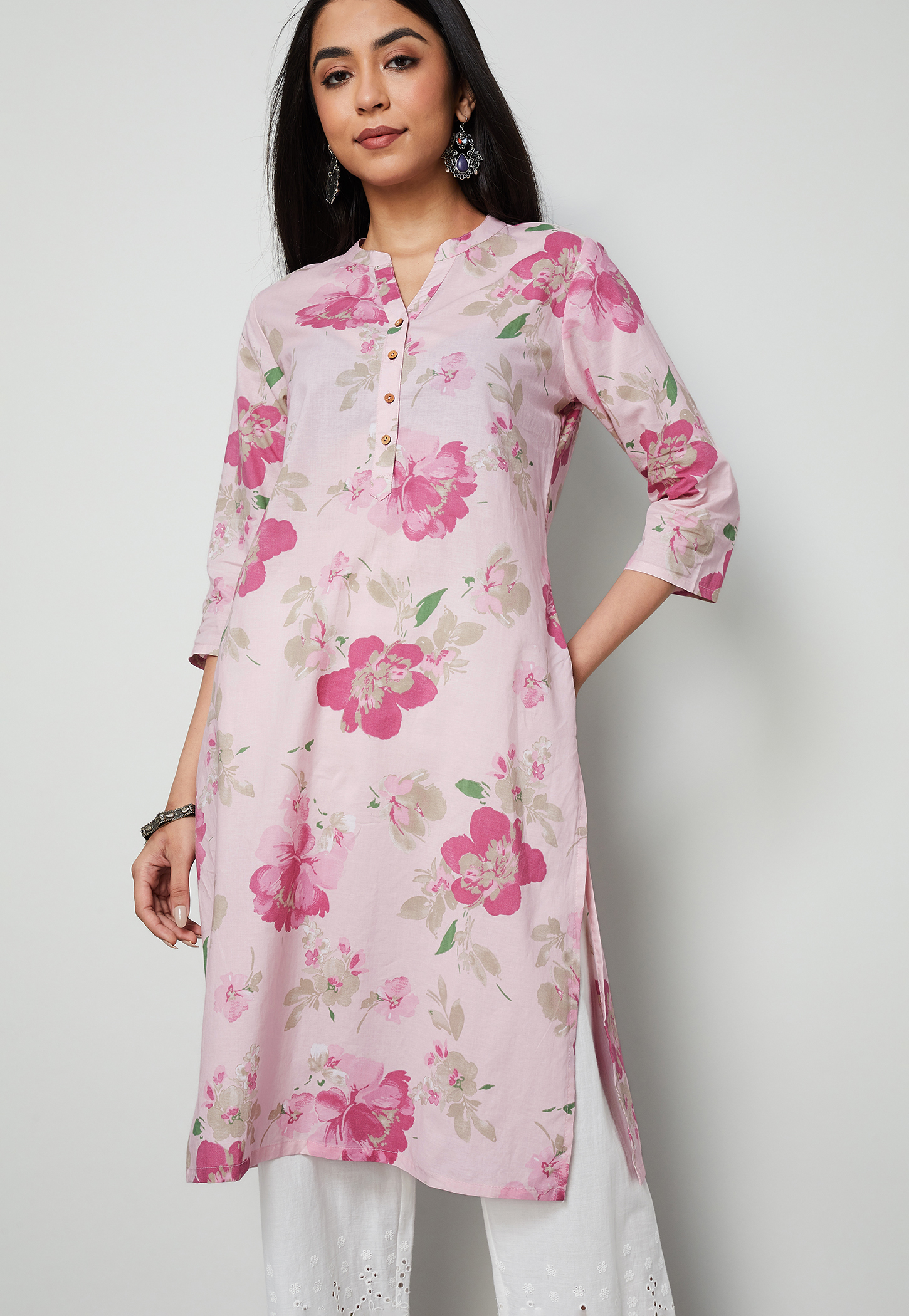 MELANGE Floral Print Band Collar Straight Kurta