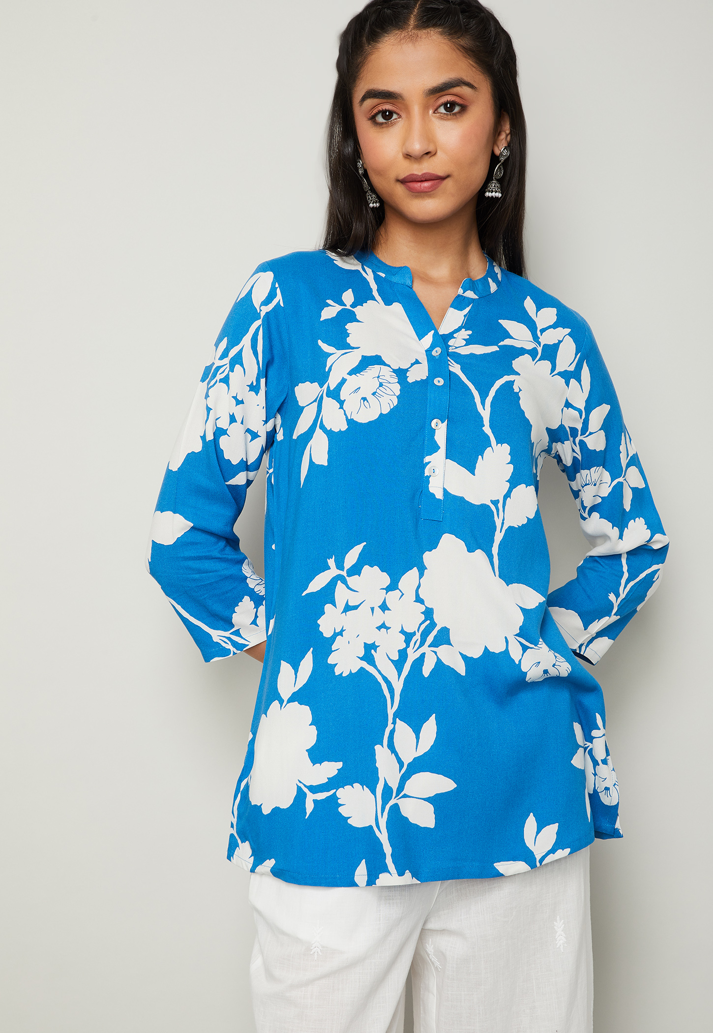 MELANGE Floral Print Band Collar 3/4th Sleeves Straight Kurti-picture-40