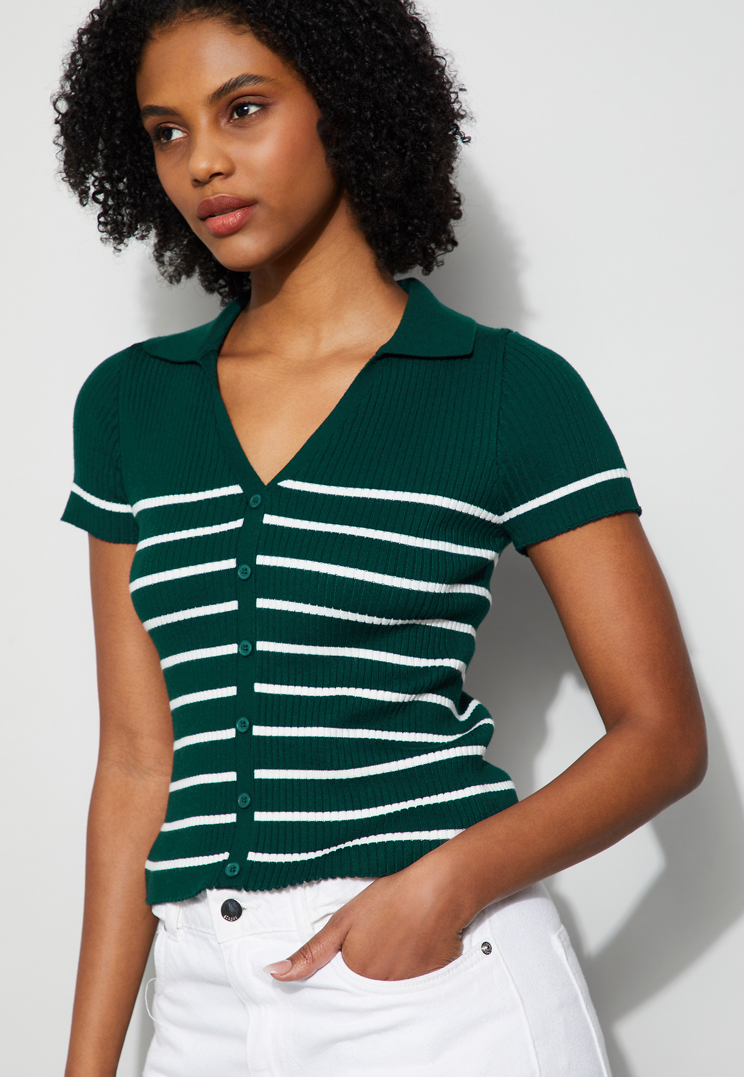 GINGER Striped V-Neck Button Top-image-39
