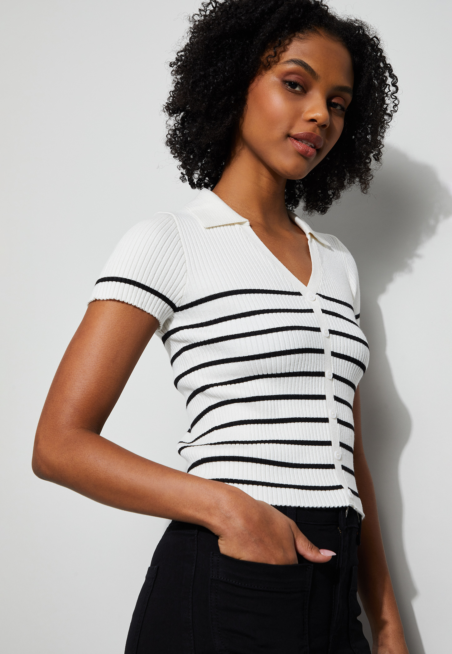 GINGER Striped V-Neck Button Top-image-26