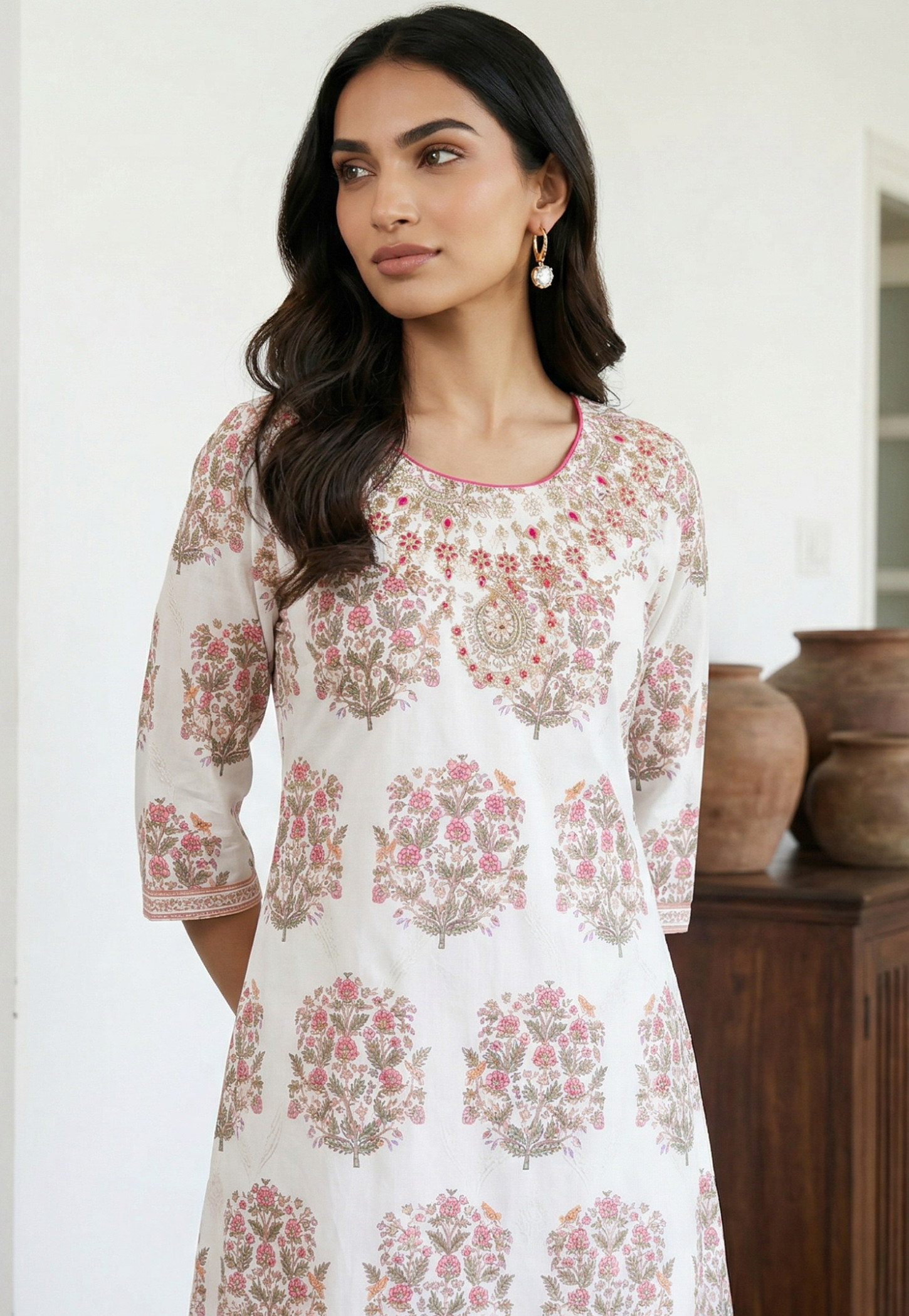 AURELIA Floral Embroidered Round Neck 3/4th Sleeves Straight Kurta-image-11