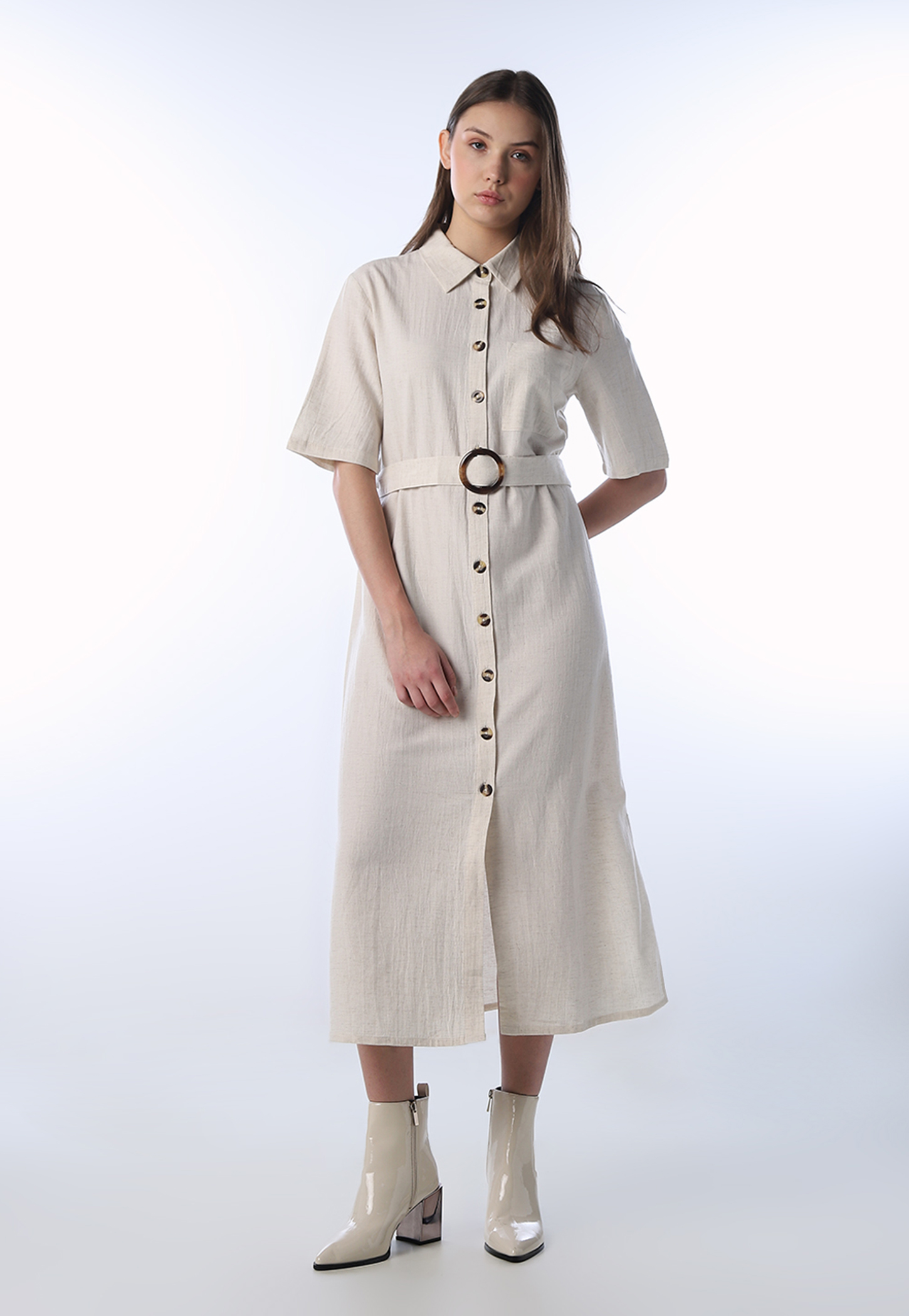 ONLY Solid Belted Button Shirt Dress-picture-16