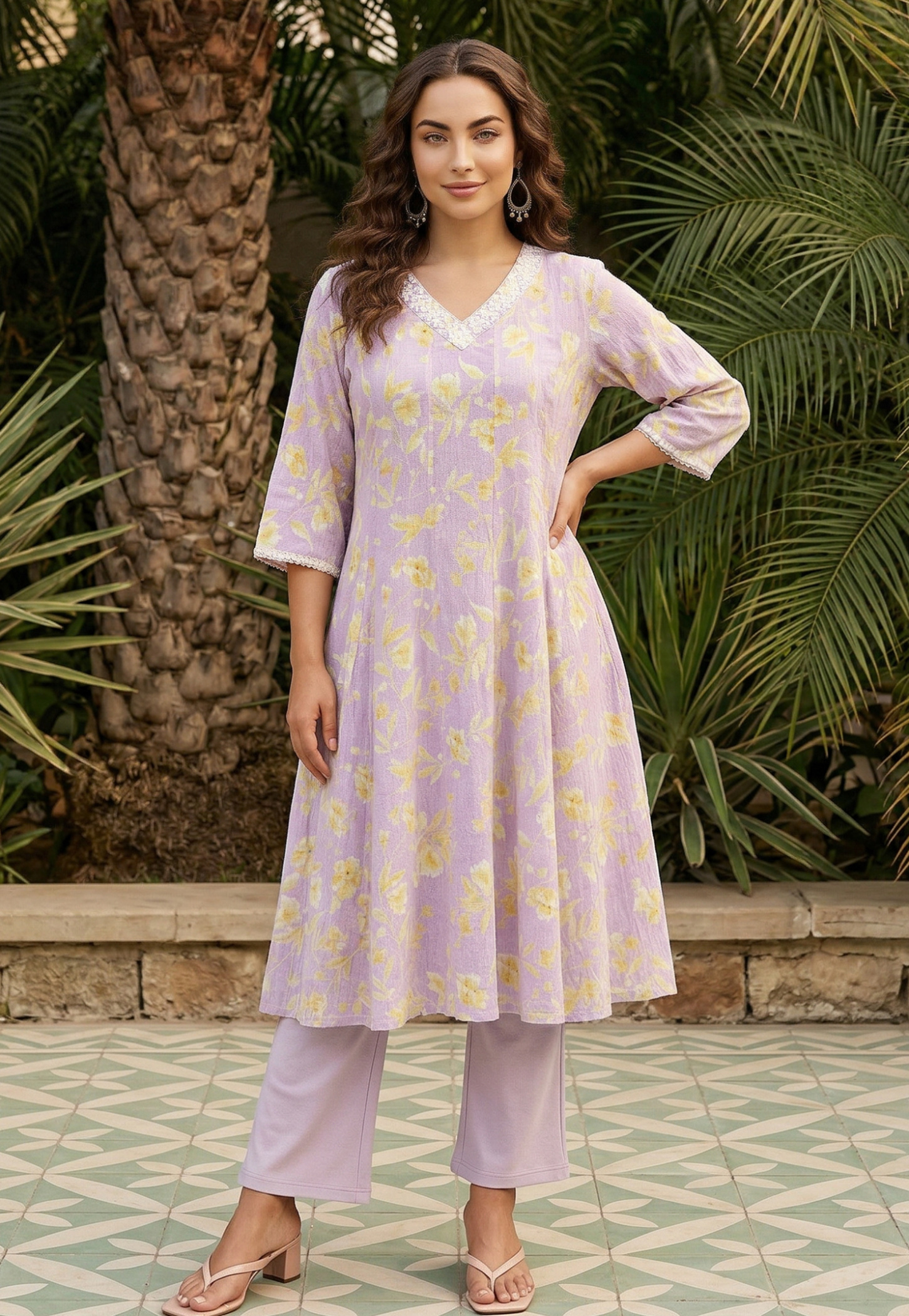 AURELIA Floral Print V-Neck 3/4th Sleeves Flared Kurta-image-37