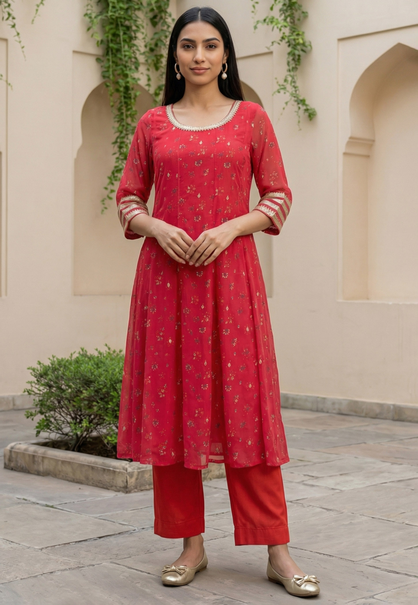 AURELIA Floral Print 3/4th Sleeves Round Neck Anarkali Kurta-picture-56