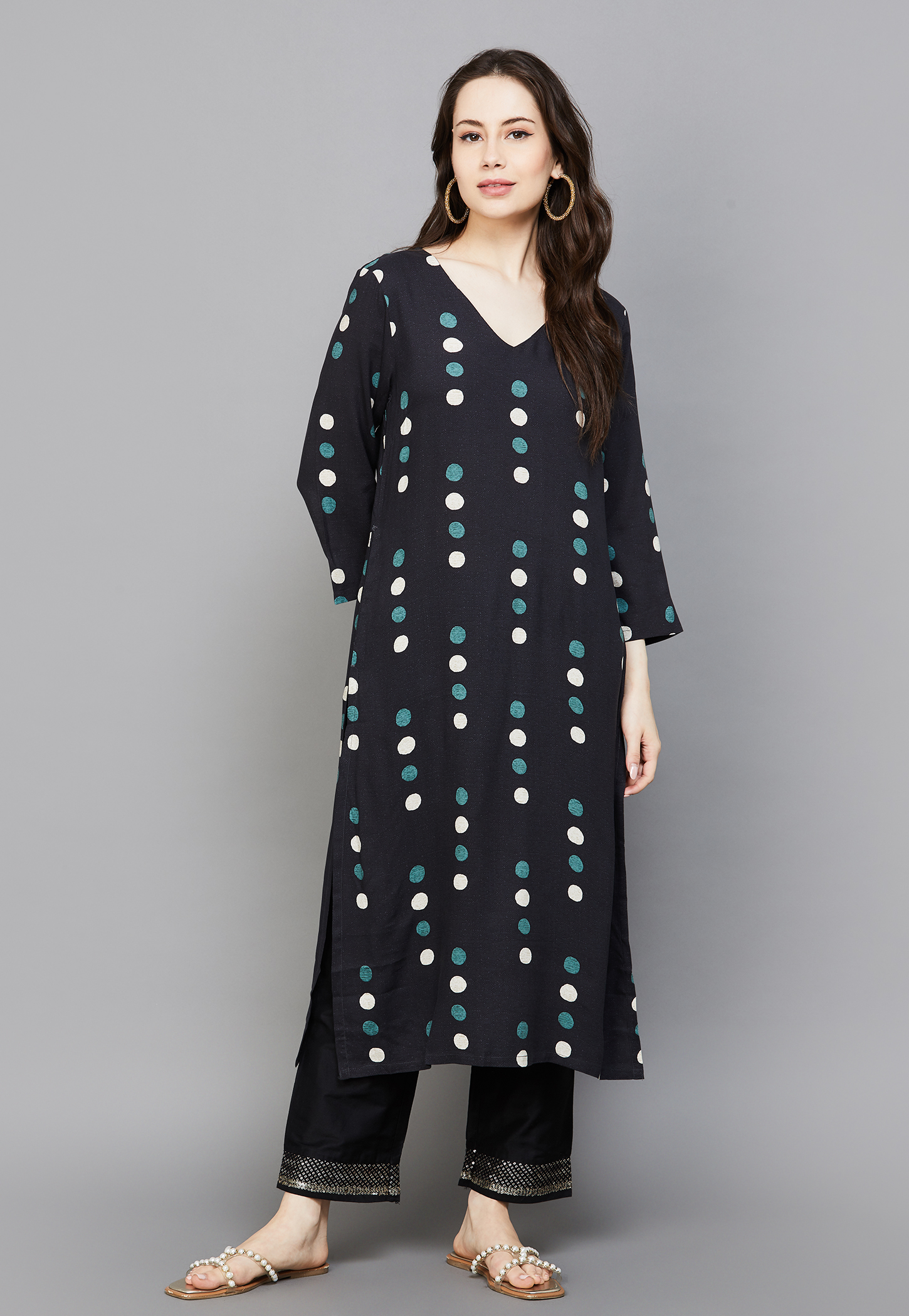 W Polka-Dot Print V-Neck Straight Kurta-image-36