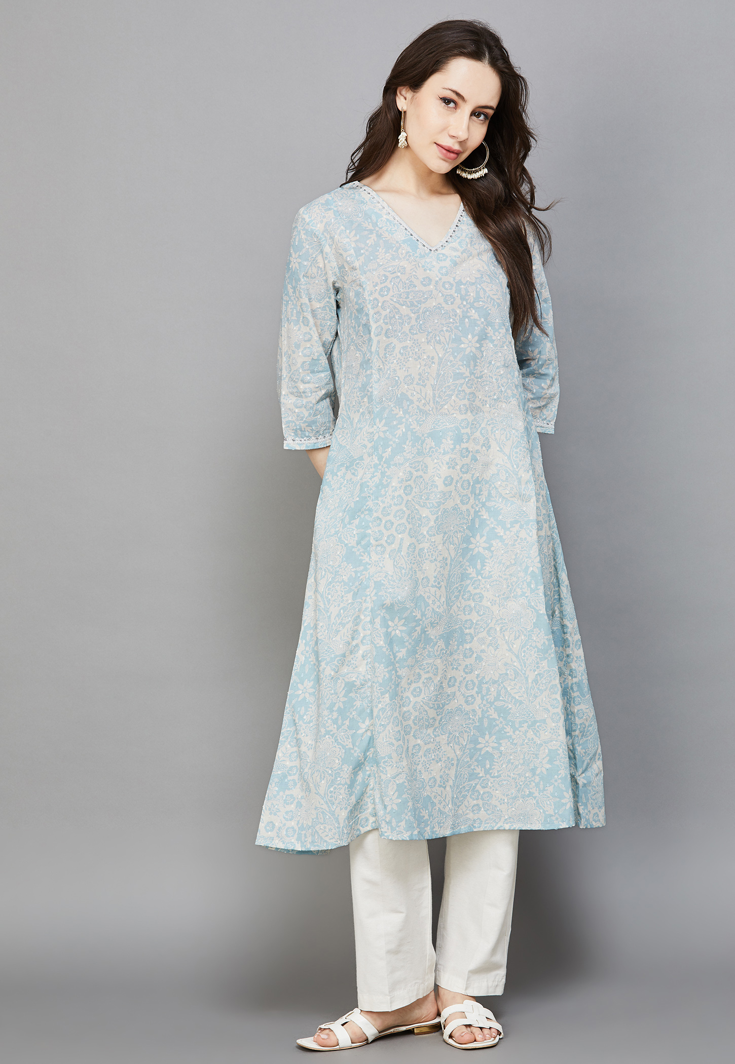 W Floral Print V-Neck A-line Kurta-picture-15