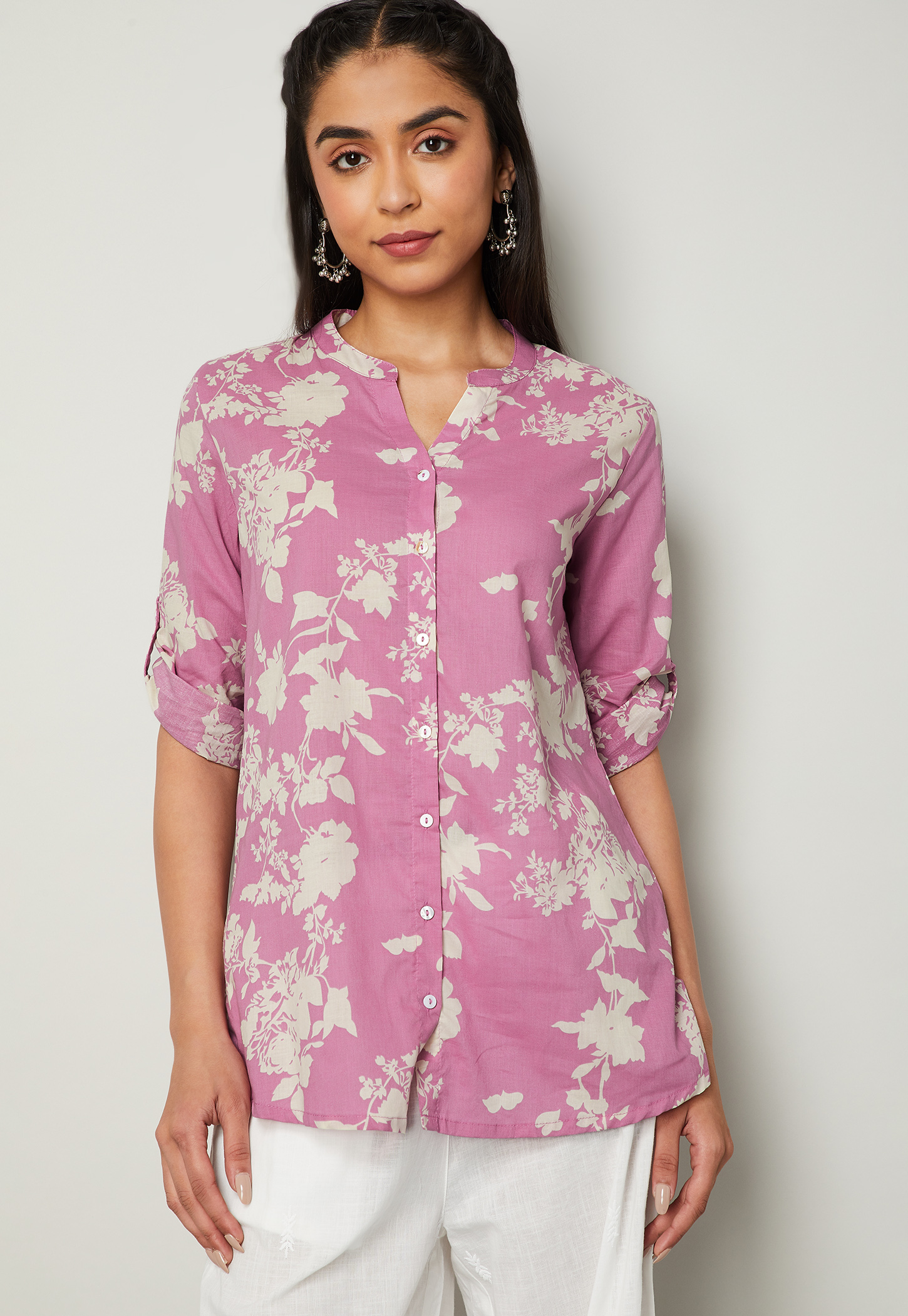 MELANGE Floral Print Band Collar 3/4th Sleeves Straight Kurti-picture-20