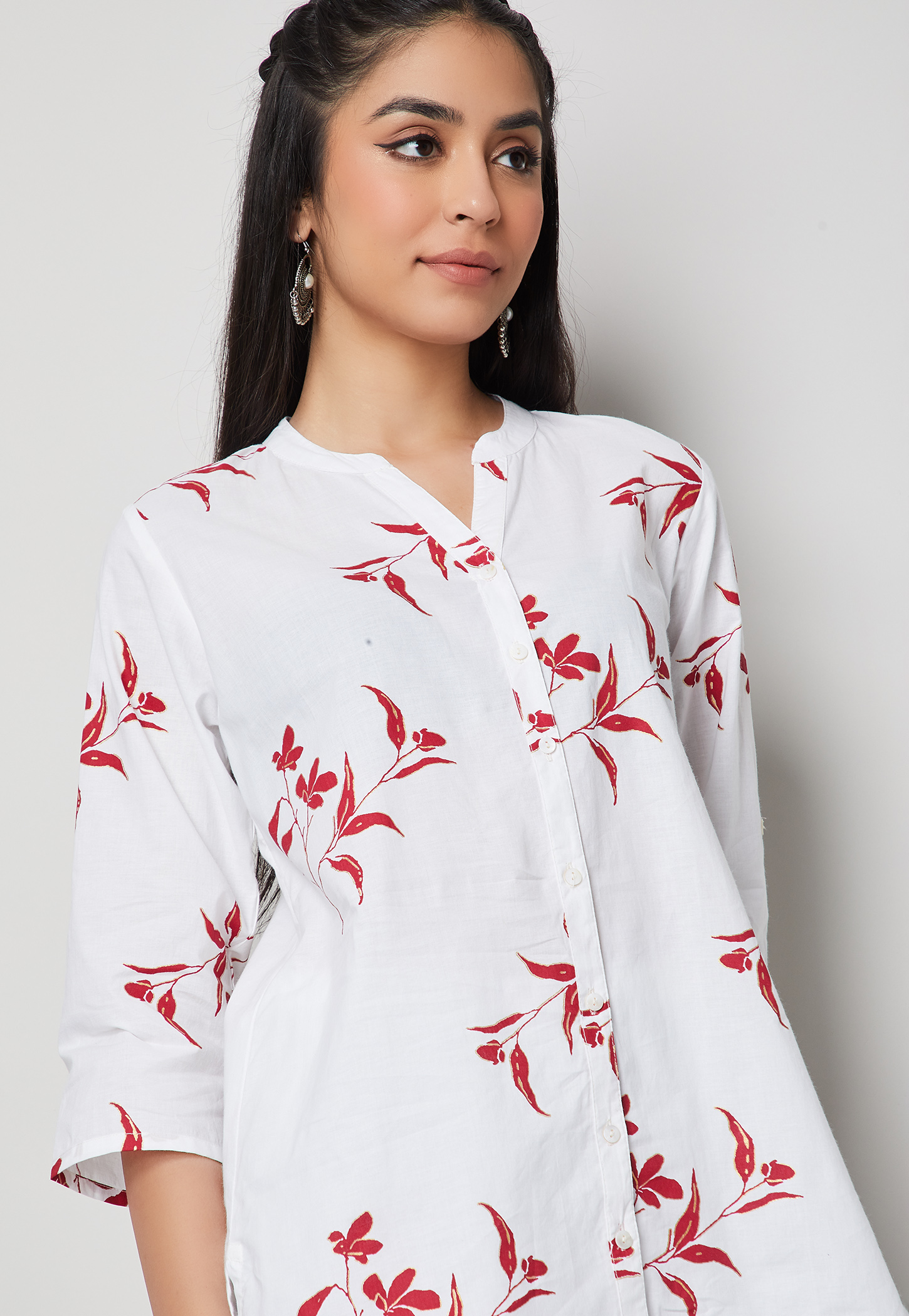 MELANGE Floral Print Band Collar Straight Kurti-picture-24