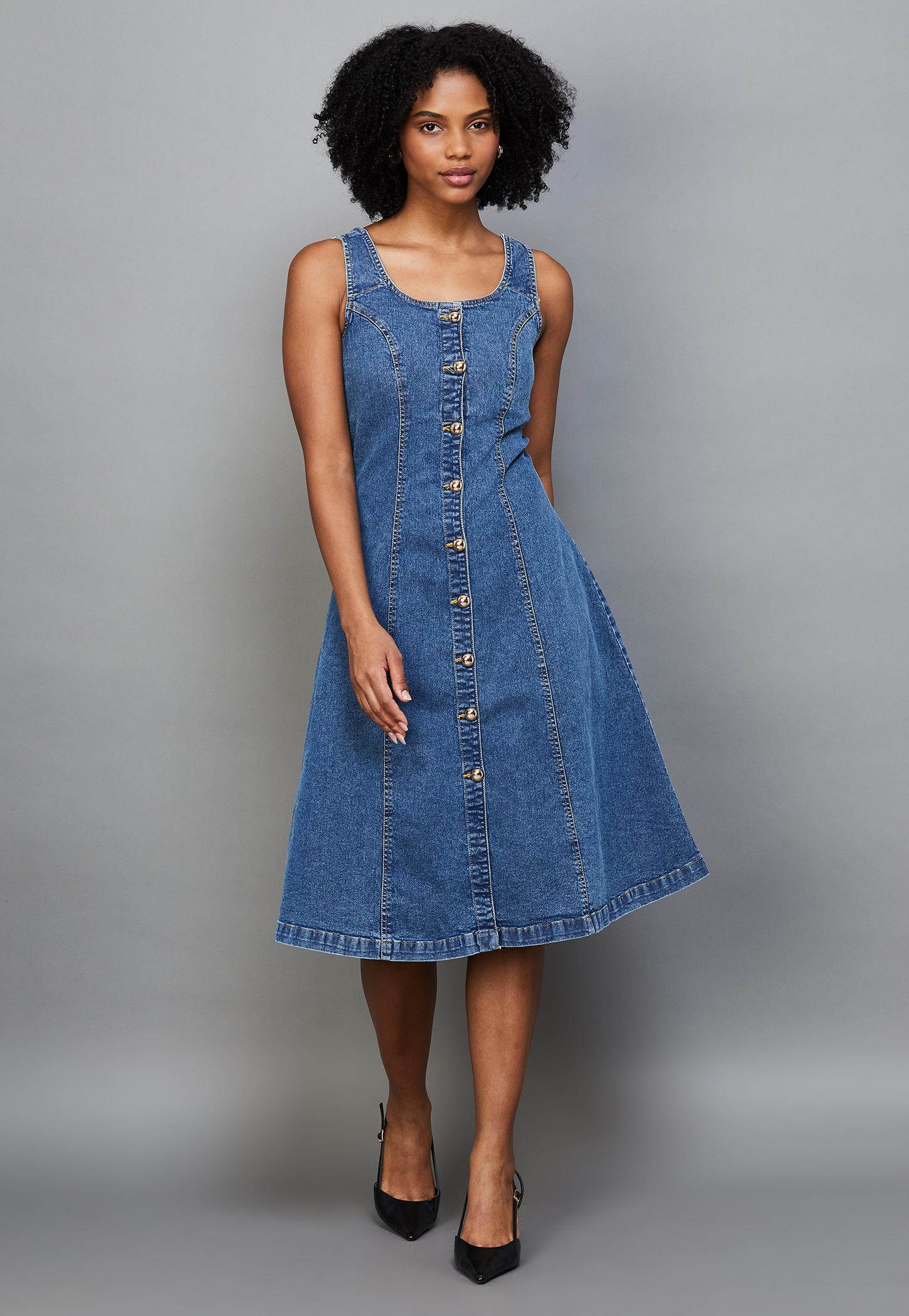 ONLY Solid Buttoned A-line Dress-image-44
