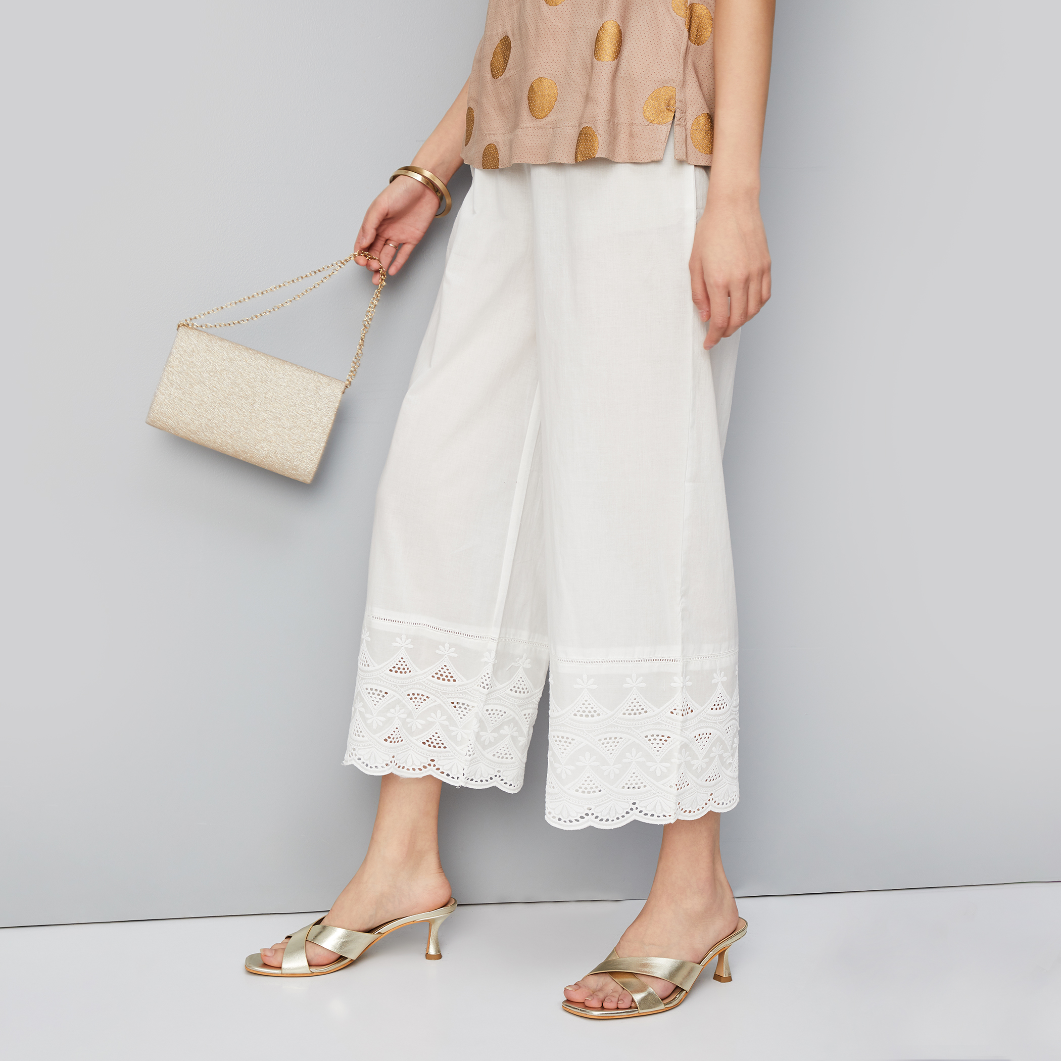 Women Embroidered Palazzos with Scalloped Hem-image-2