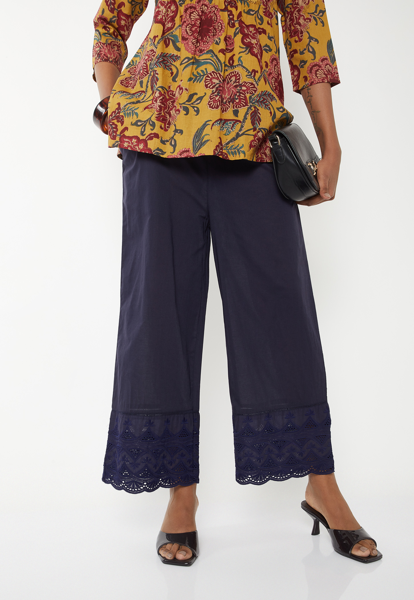 Women Embroidered Palazzos with Scalloped Hem-image-10