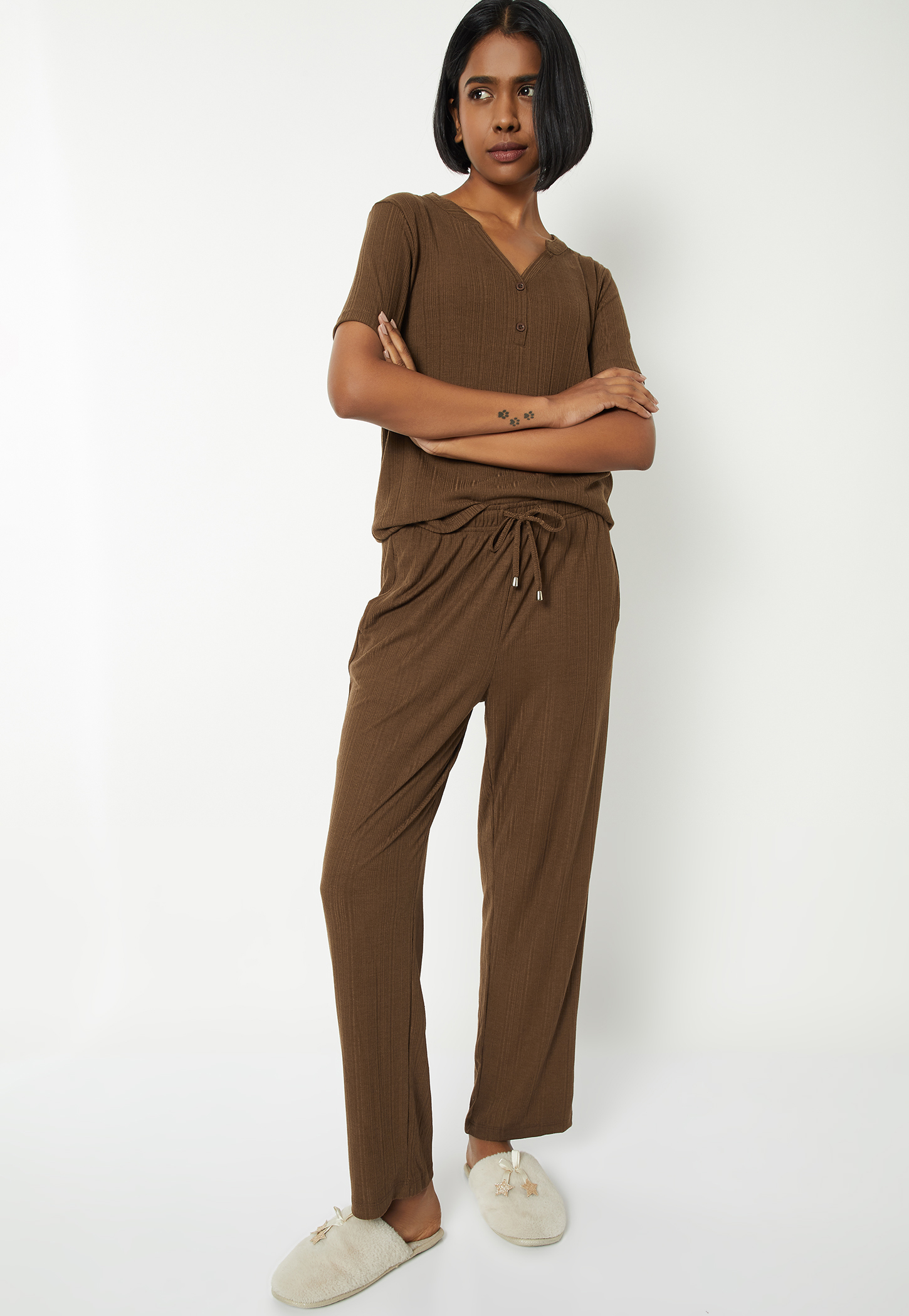 Women Solid Ribbed PJ Set-picture-16