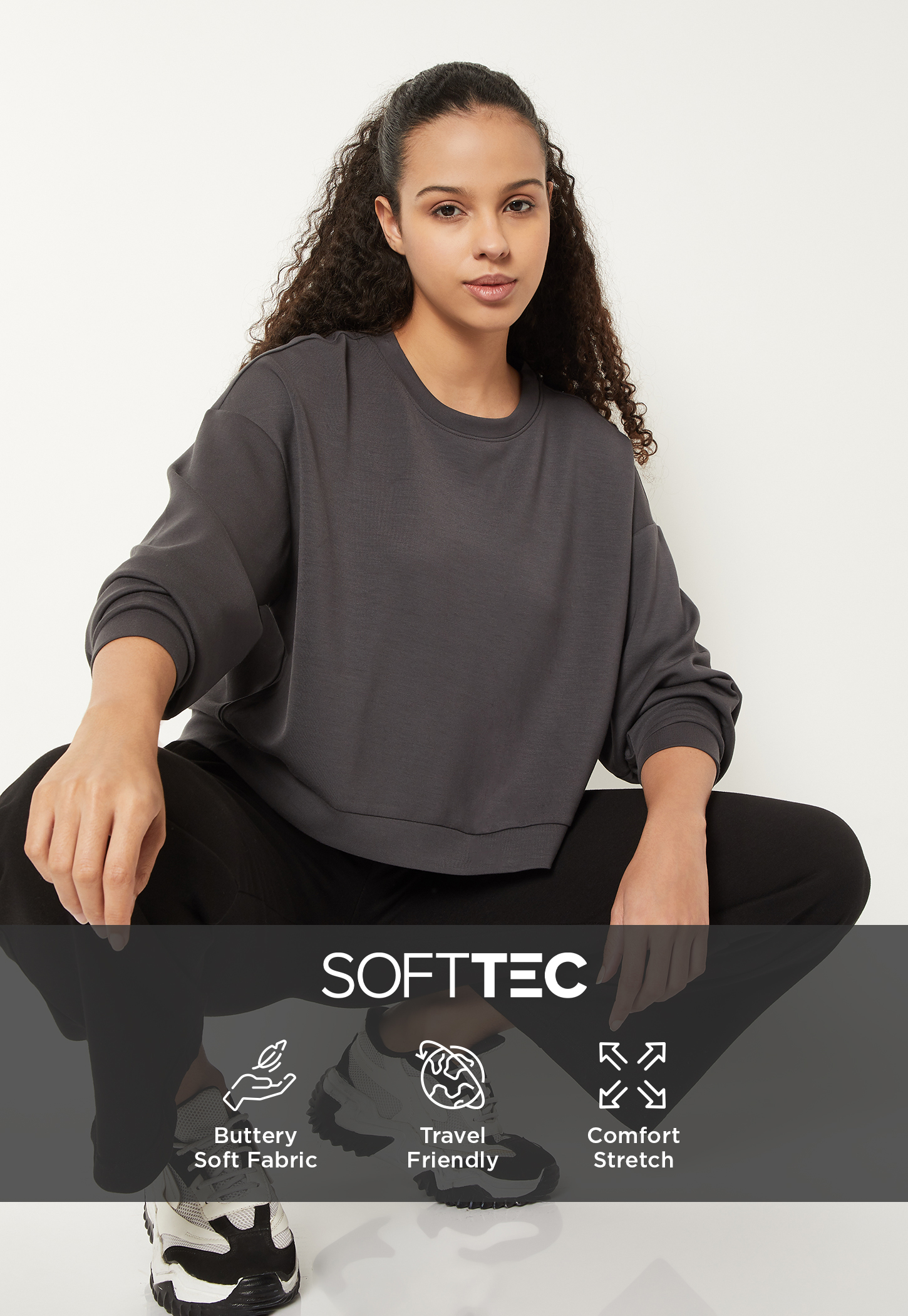 Women Solid Boxy Fit Sports Sweatshirt-image-5