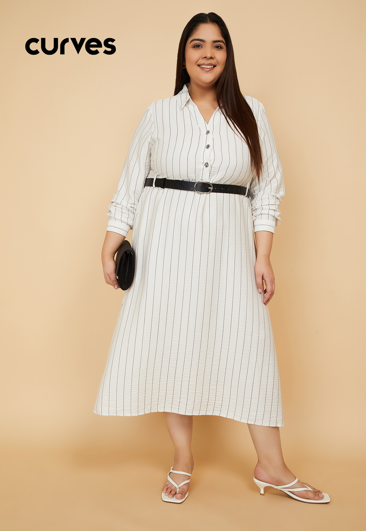 Women Striped Shirt Dress with Belt-image-29