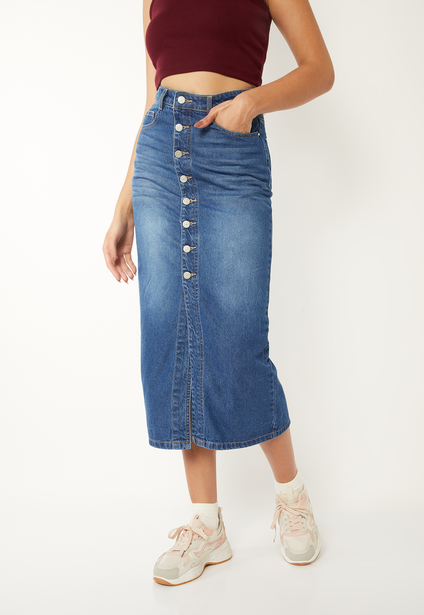 Women Washed Denim Skirt-image-49