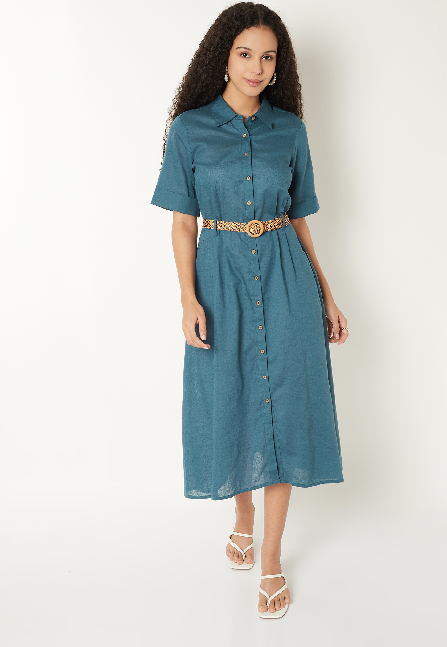 Kalki x Max Women Solid Shirt Midi Dress with Belt-picture-15