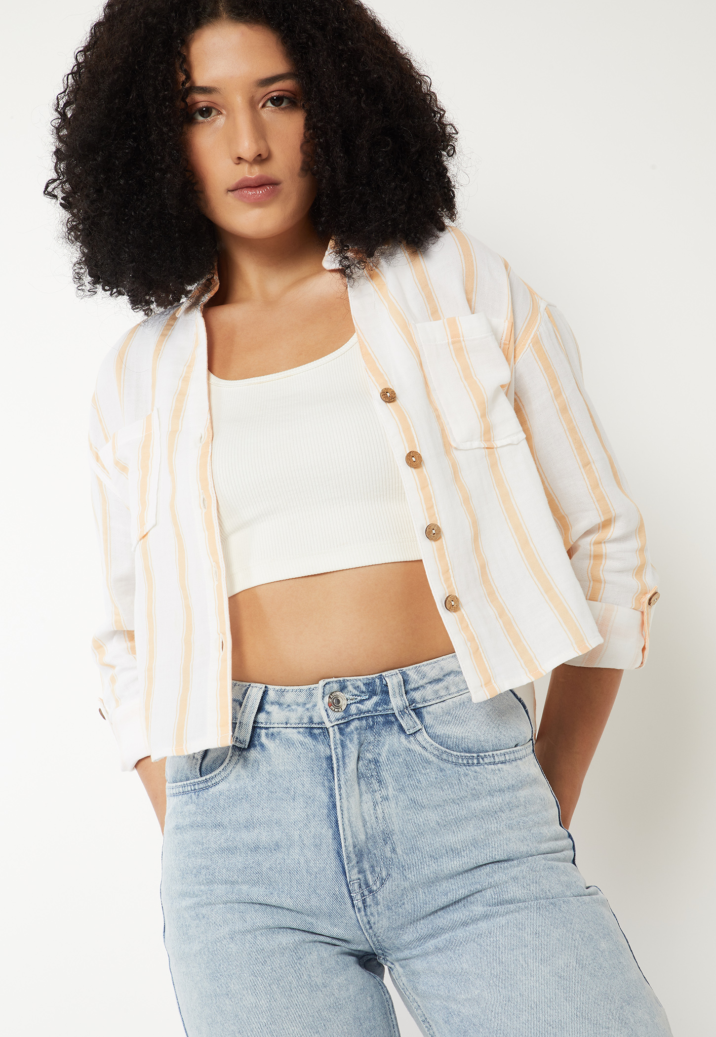 Women Striped Boxy Fit Crop Shirt-image-6