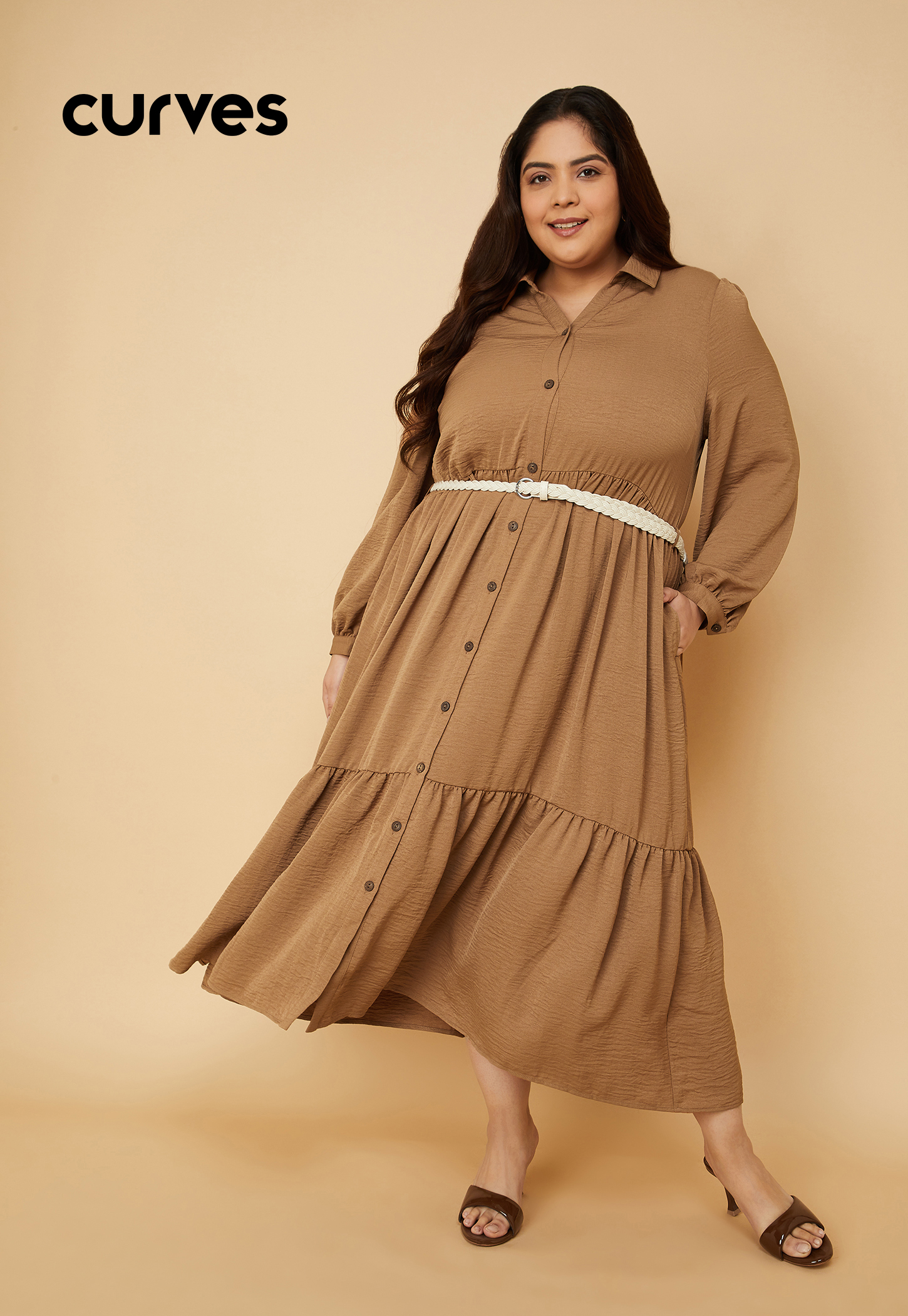 Women Textured A-line Tiered Shirt Dress with Belt-picture-46