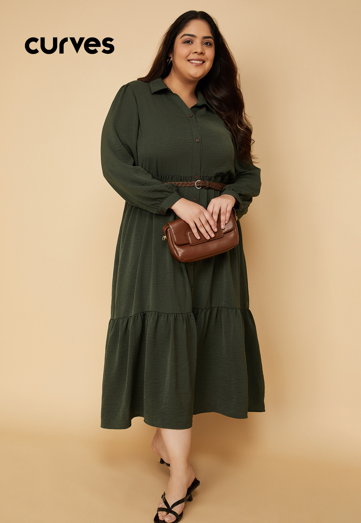 Women Textured A-line Tiered Shirt Dress with Belt-picture-50