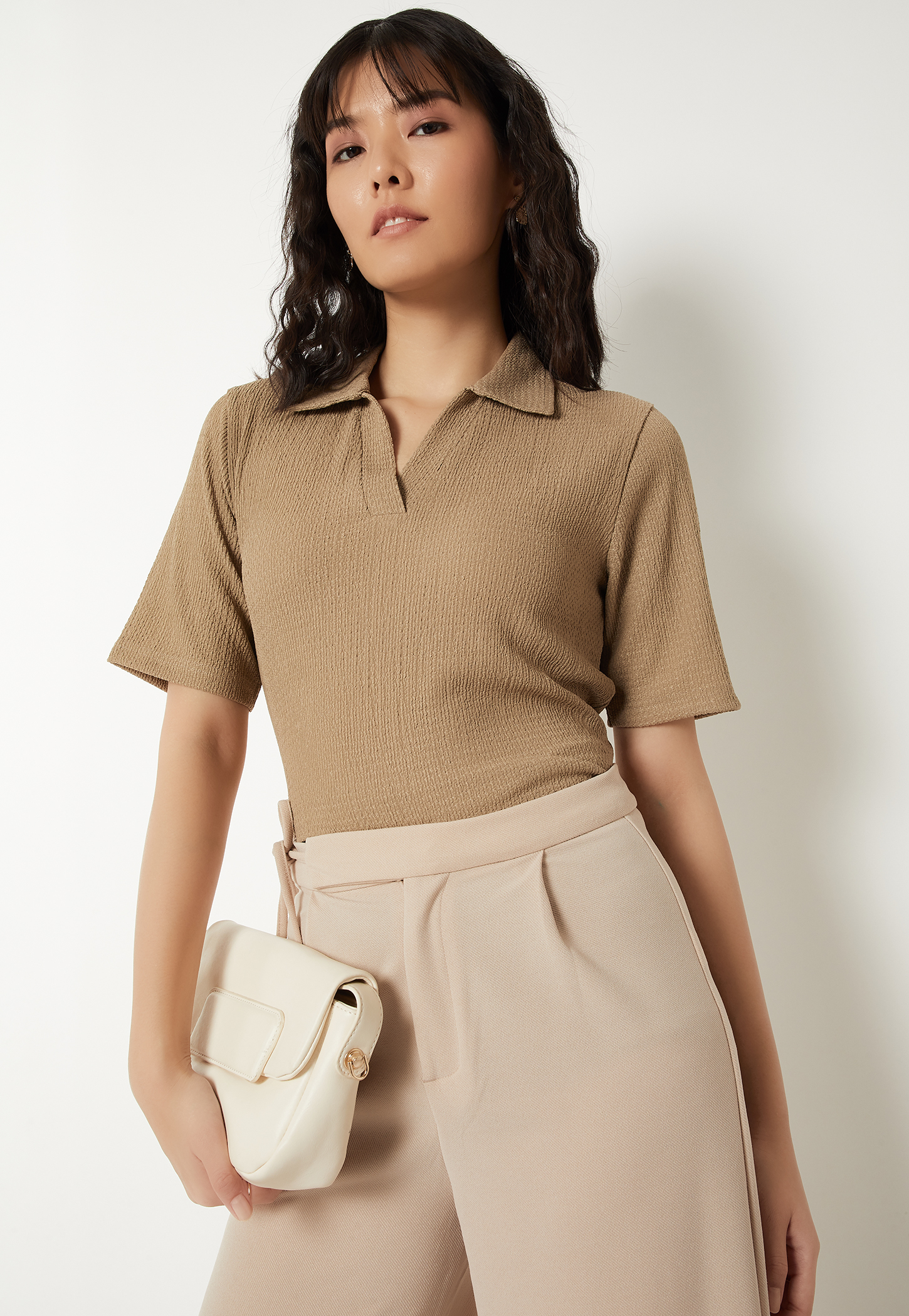 Women Textured Johnny Collar T-shirt-picture-35