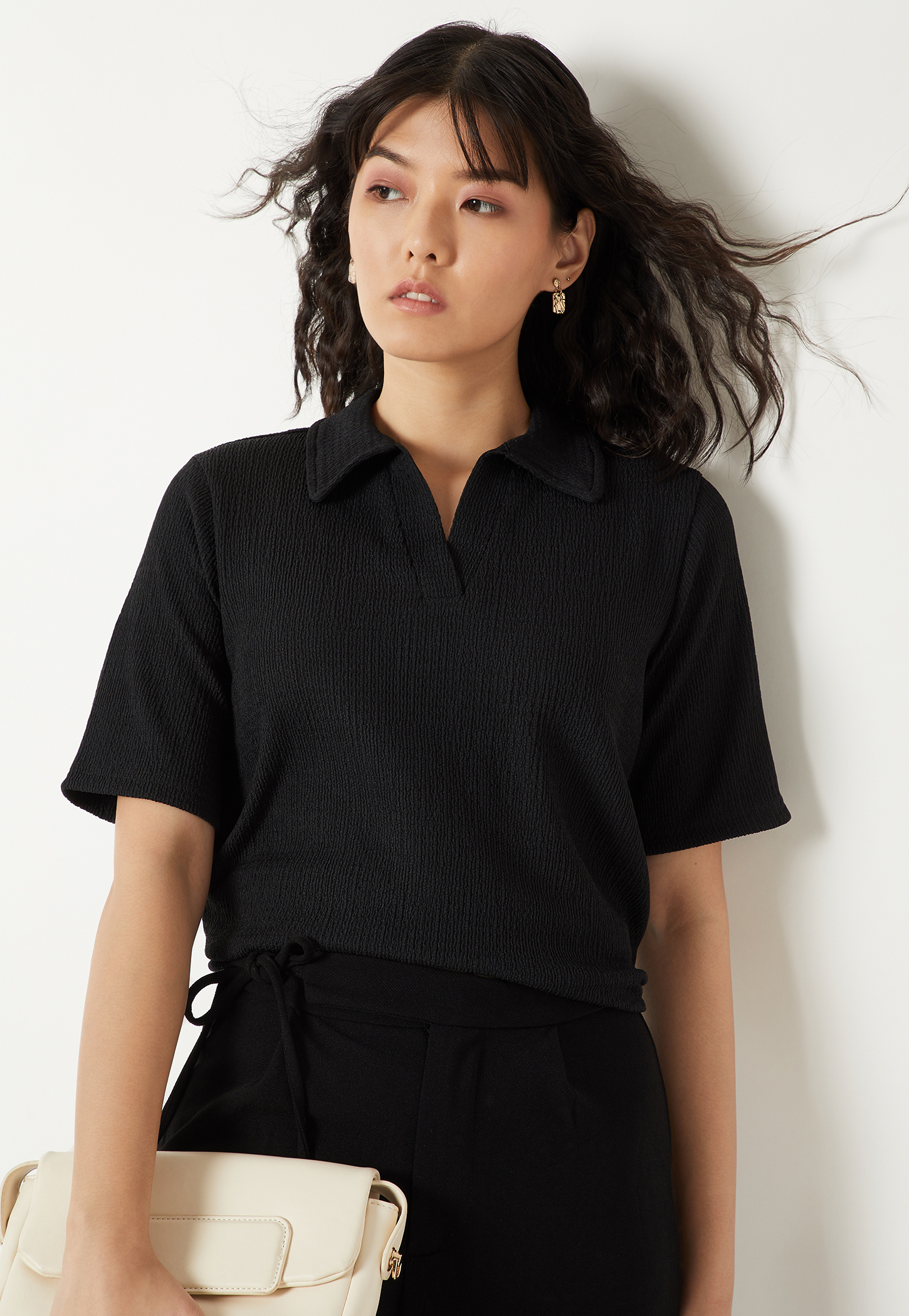 Women Textured Johnny Collar T-shirt-picture-19