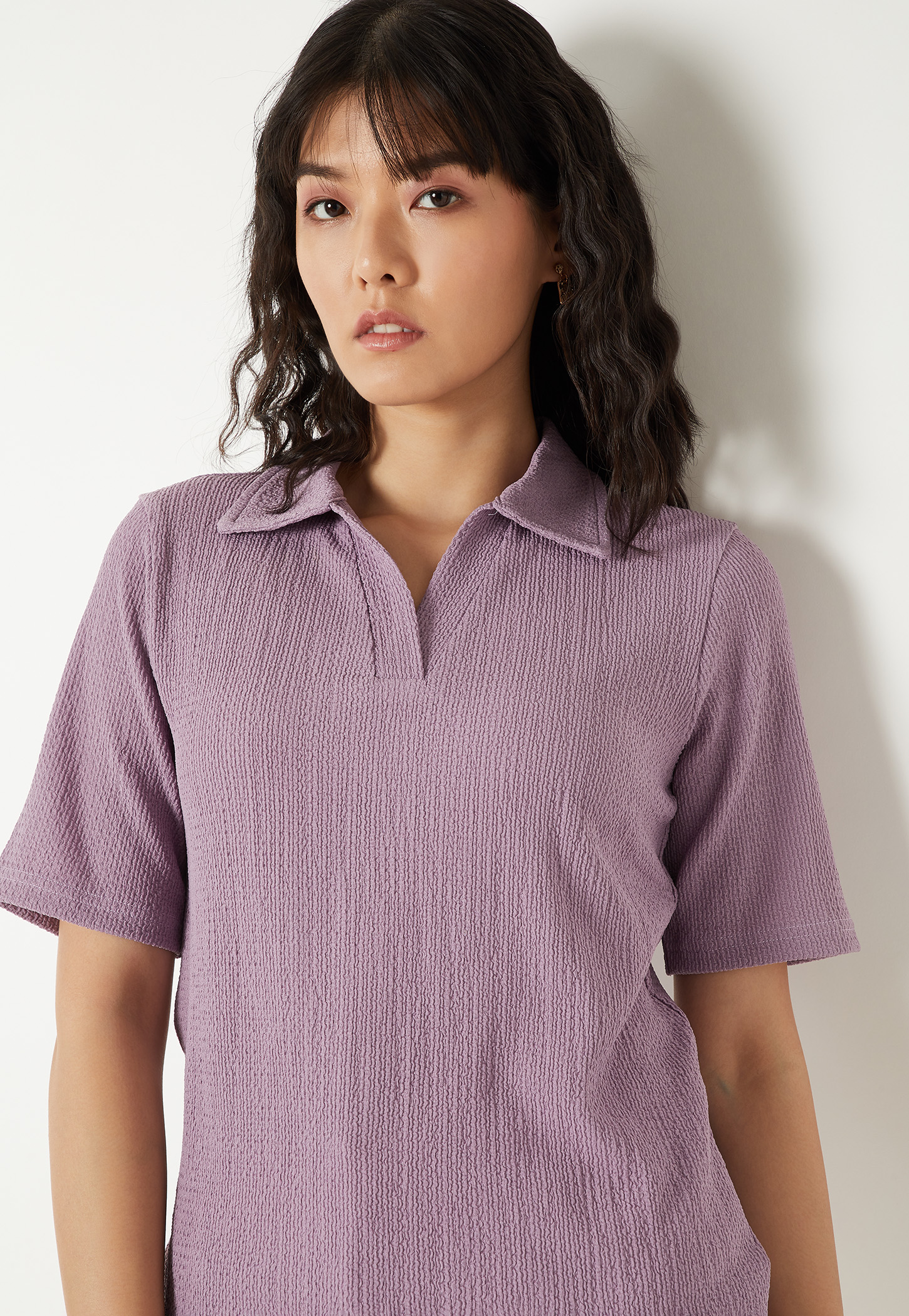 Women Textured Johnny Collar T-shirt-picture-44