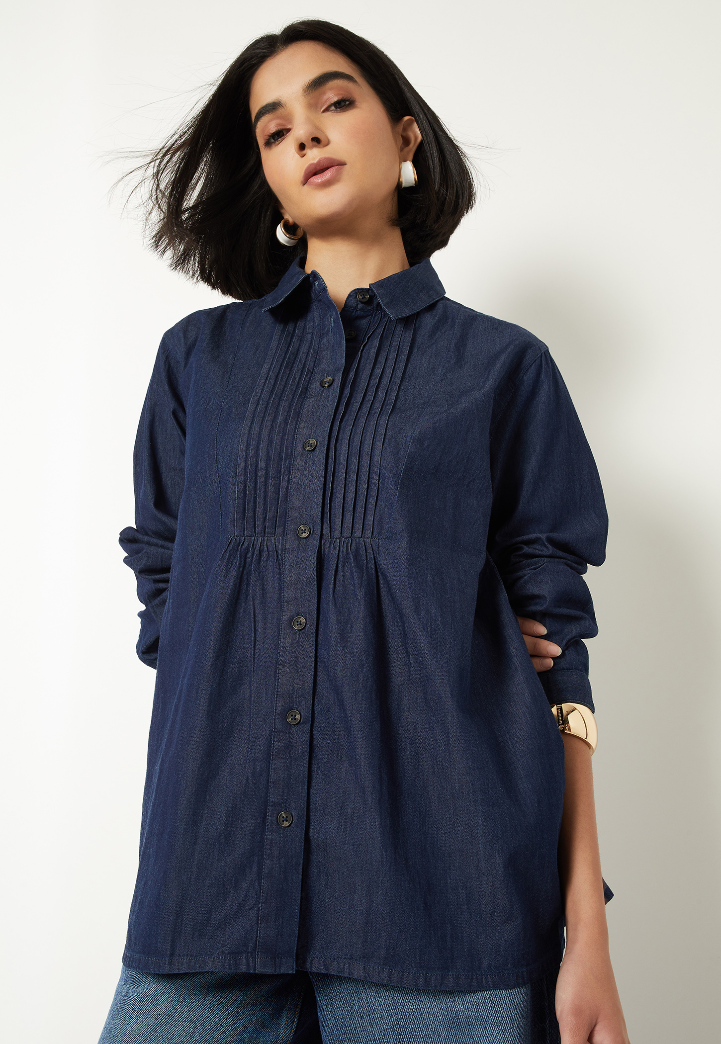 Women Pintuck Denim Shirt-picture-31