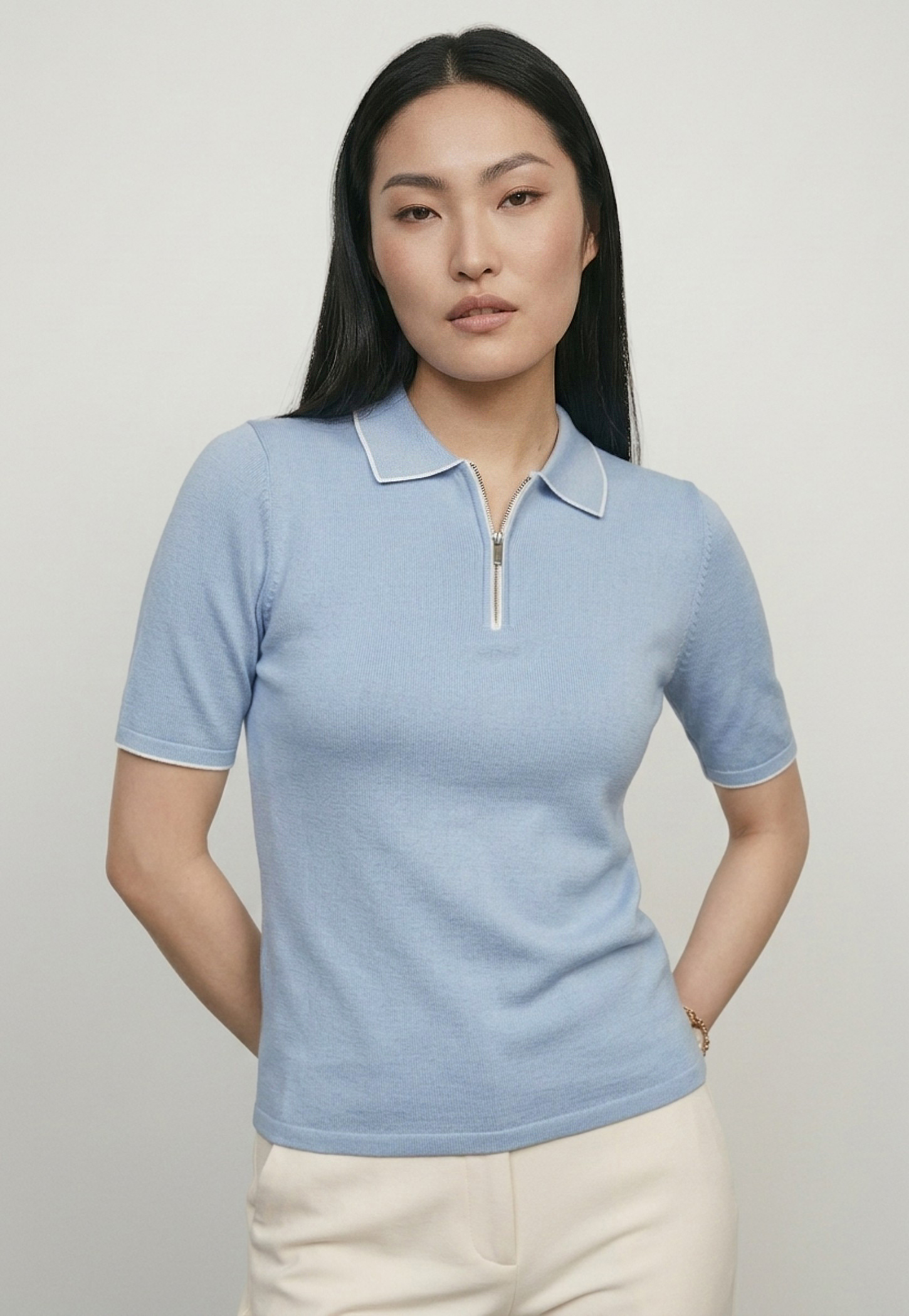 Women Knit Polo T-shirt with Contrast Collar-image-10