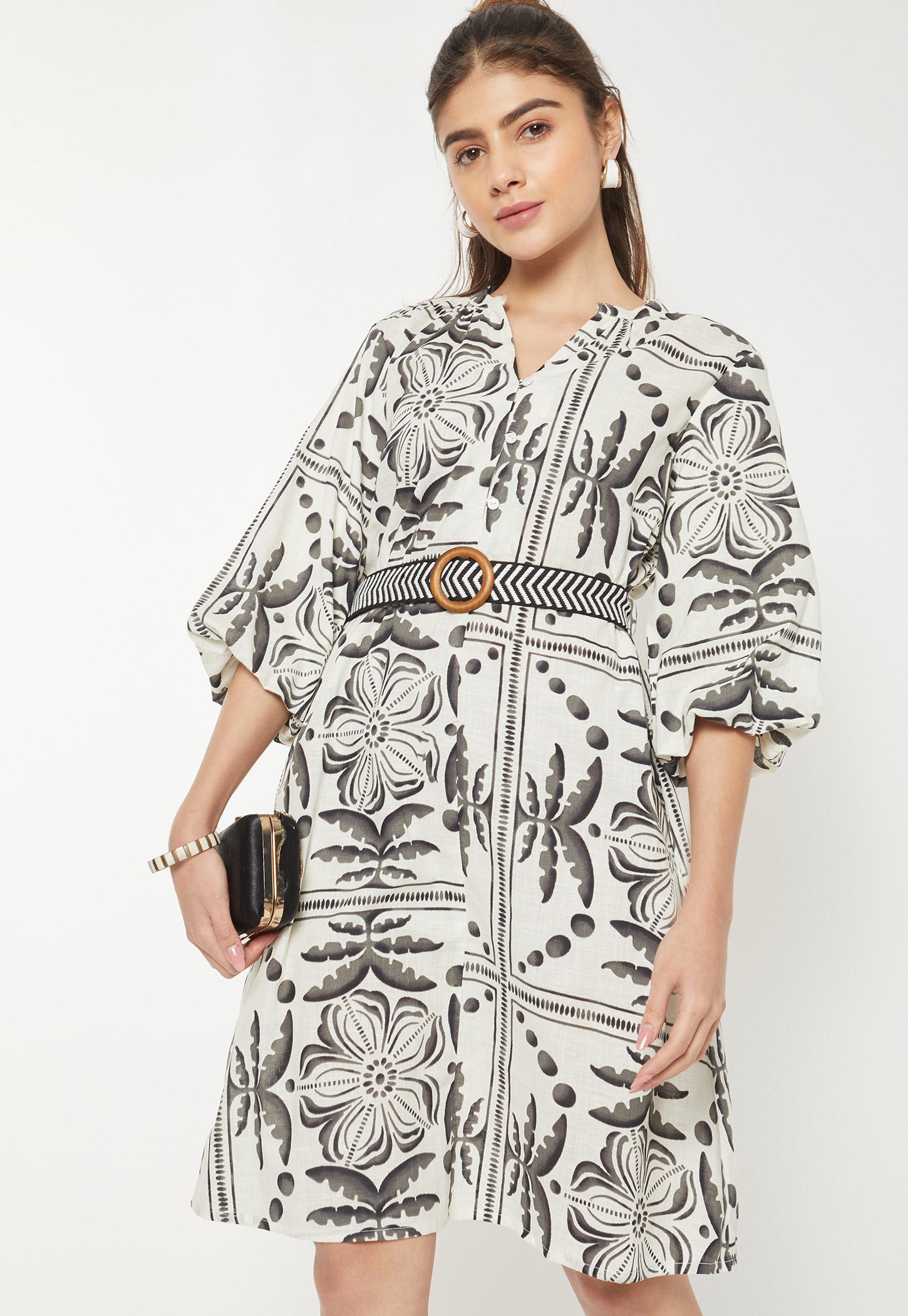 Women Printed Shirt Dress with Belt-picture-10