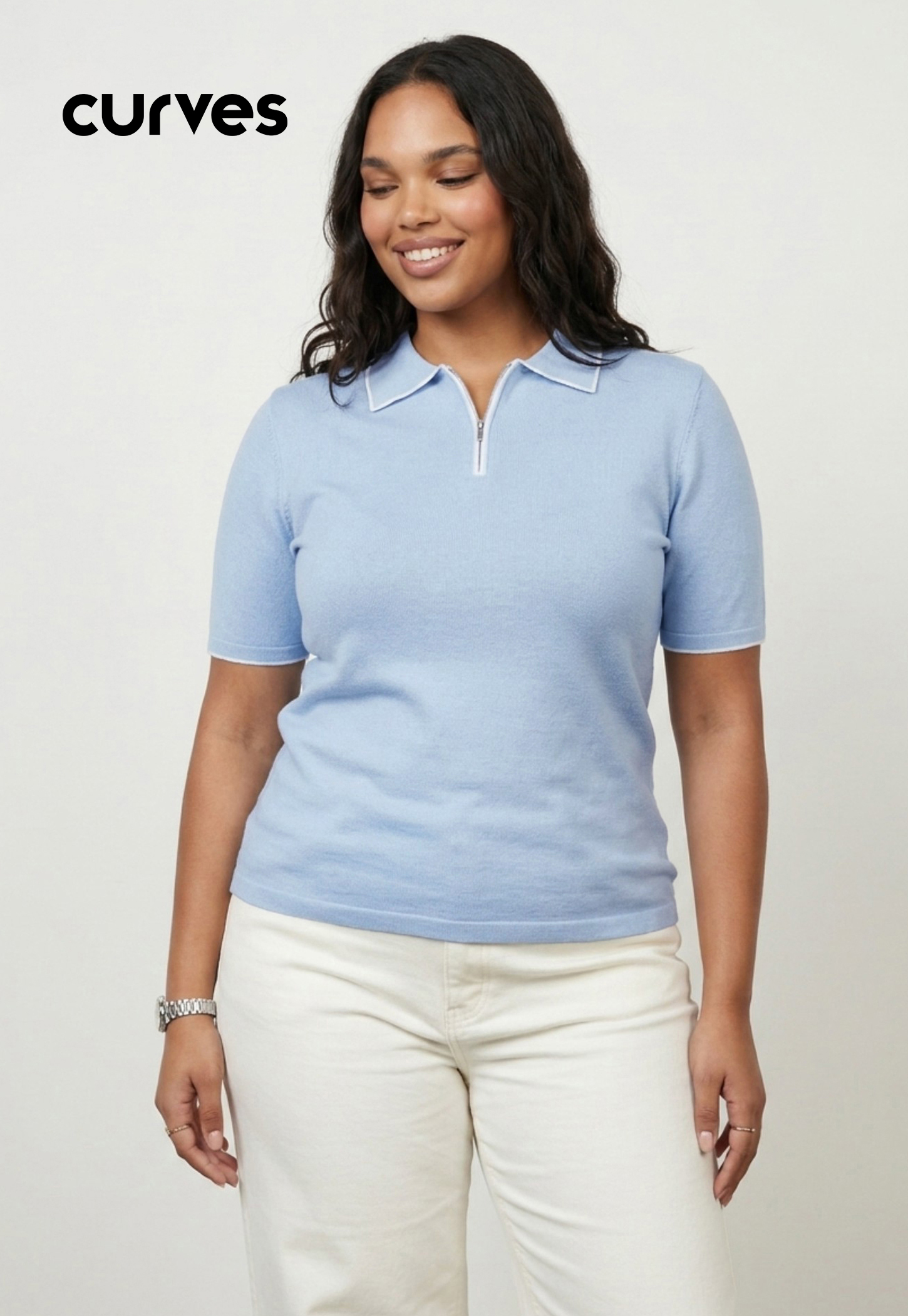 Women Knit Polo T-shirt with Contrast Collar-image-14