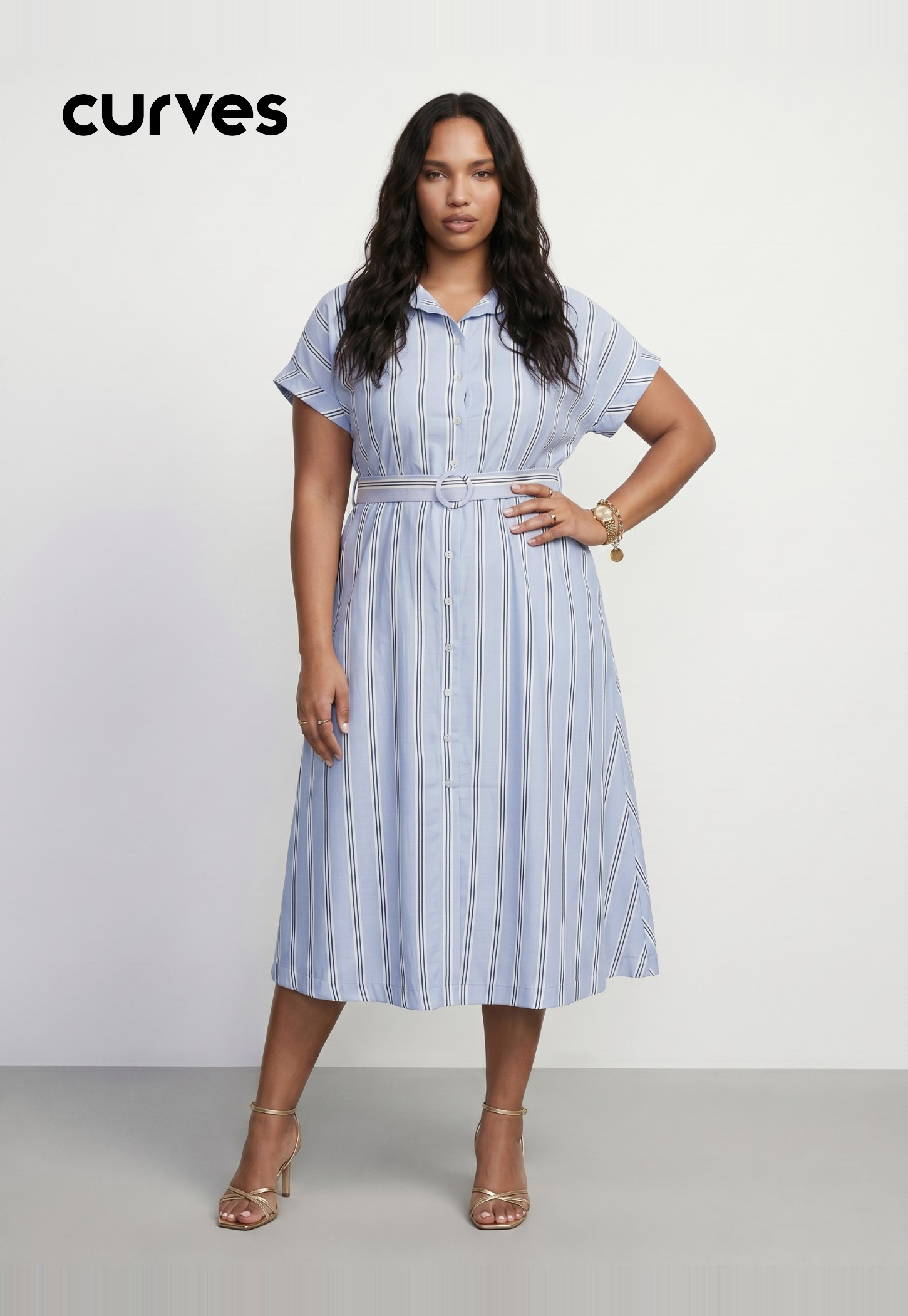 Women Striped Belted Shirt Dress-picture-22