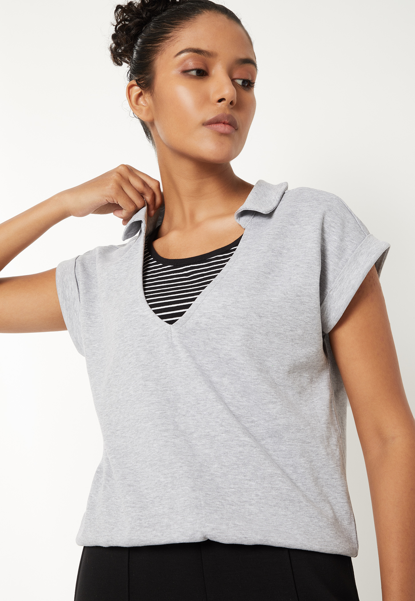 Women Solid Johnny Collar T-shirt-picture-18