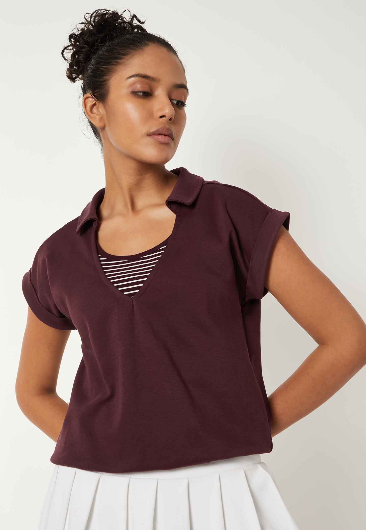 Women Solid Johnny Collar T-shirt-picture-23