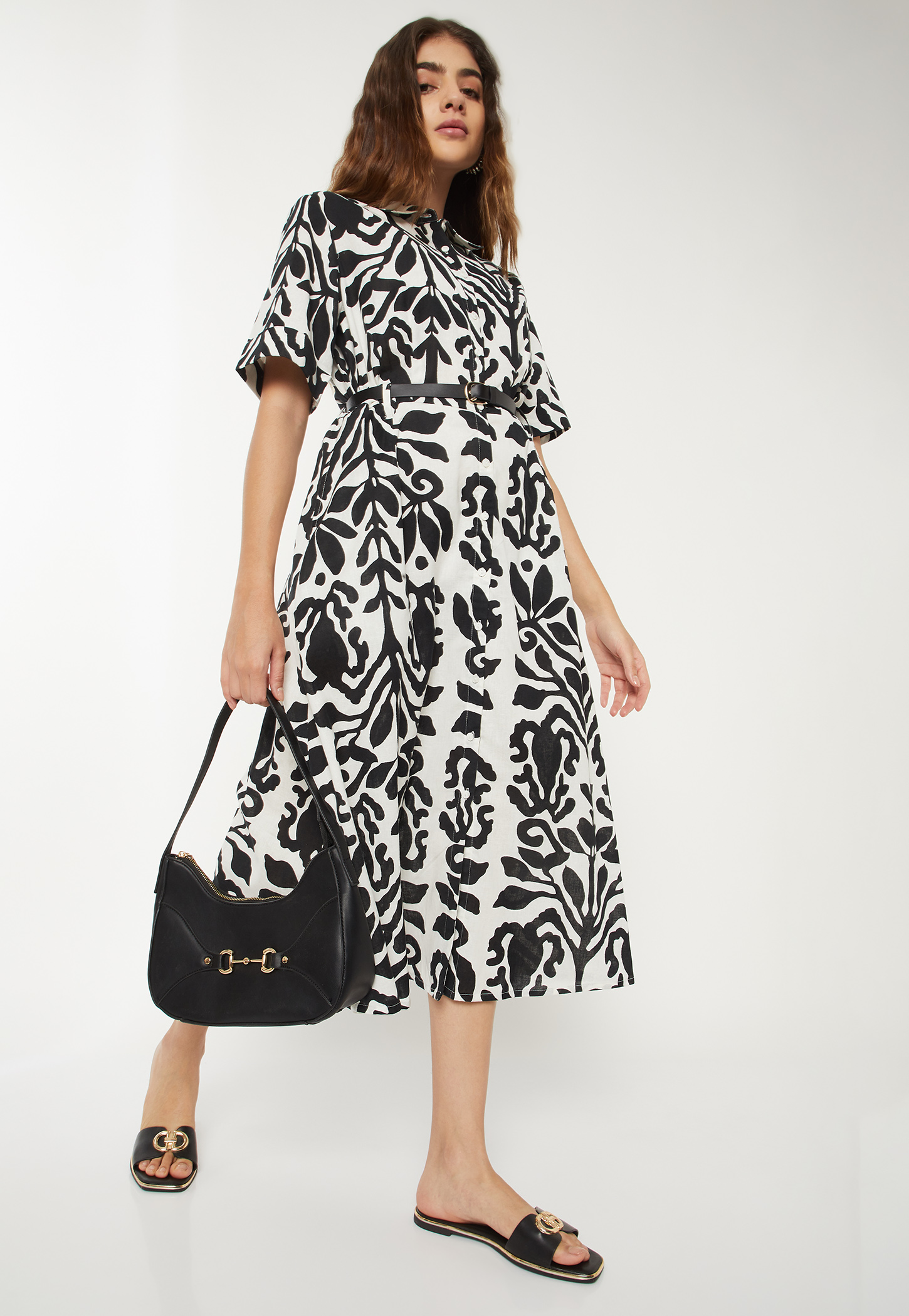 Women Printed A-Line Dress with Belt-picture-35