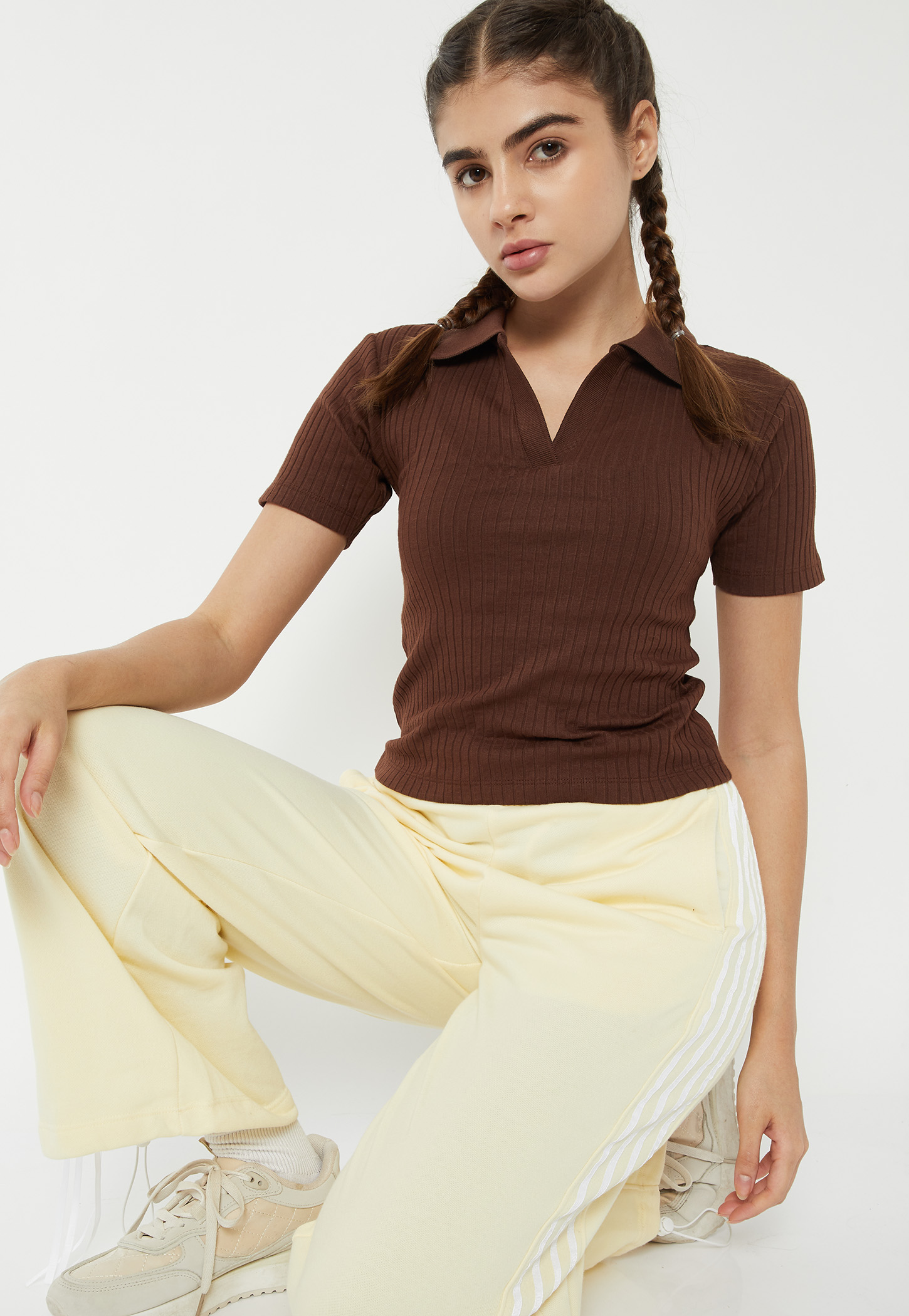 Women Ribbed Johnny Collar Sports T-shirt-picture-44