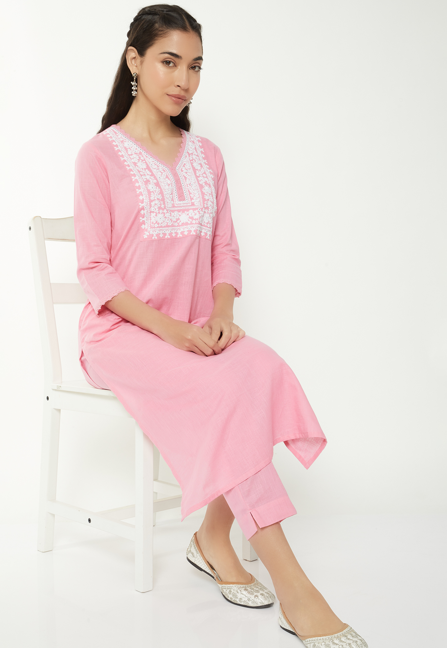Women Embroidered Yoke Straight Kurta Set-image-10