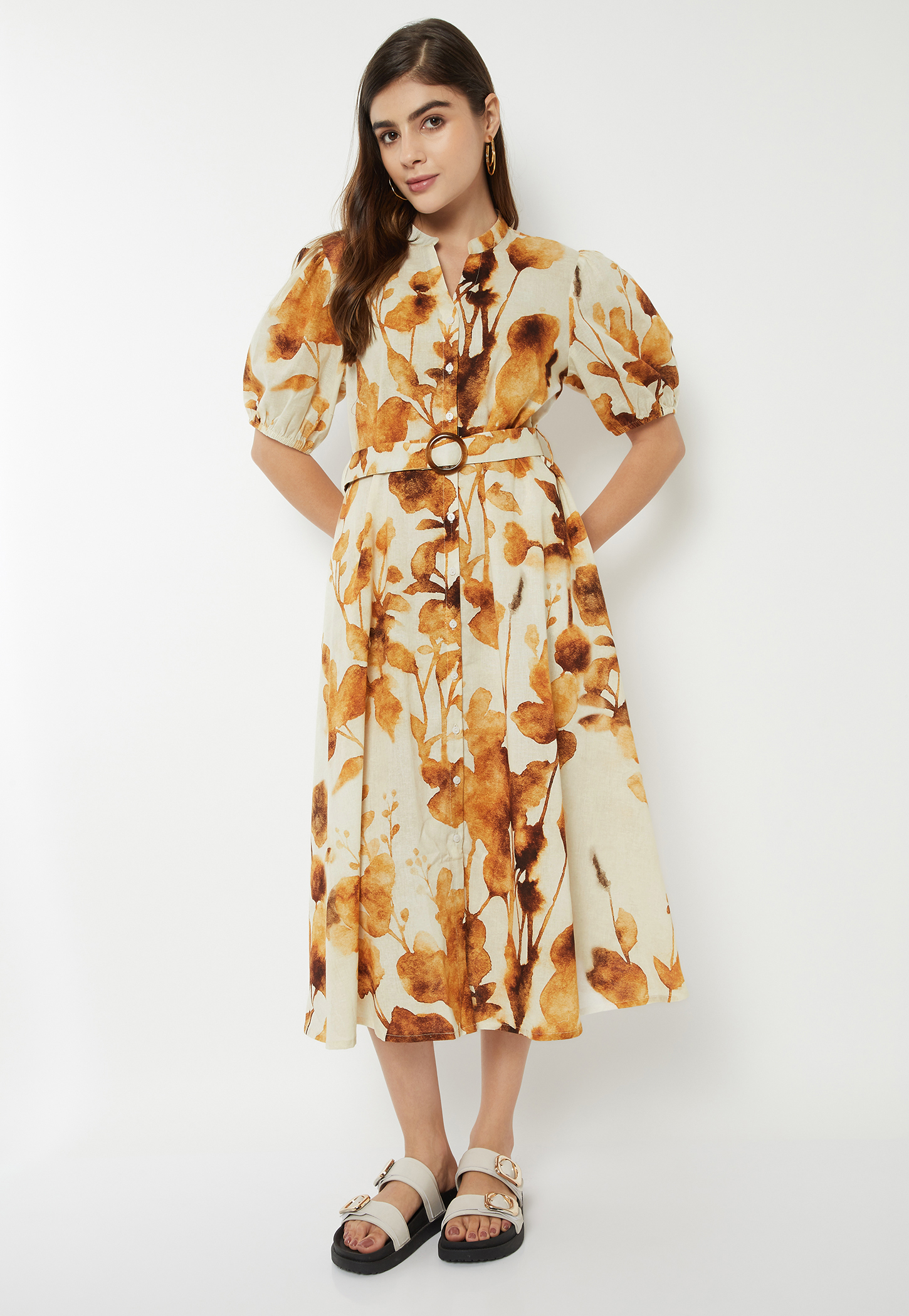 Women Floral Print Shirt Dress with Belt-image-32