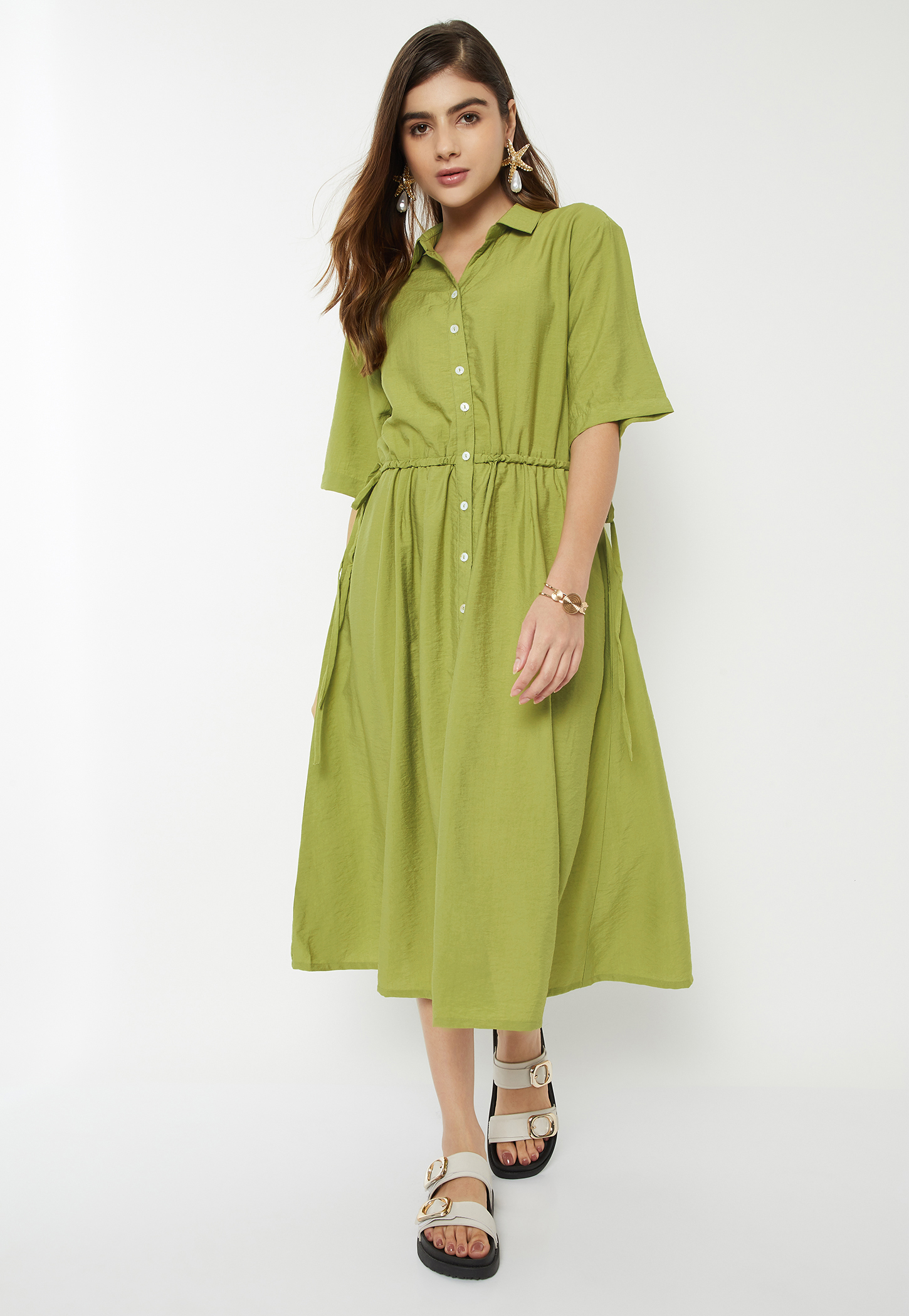 Women Solid Tie-Up Waist Shirt Dress-image-31