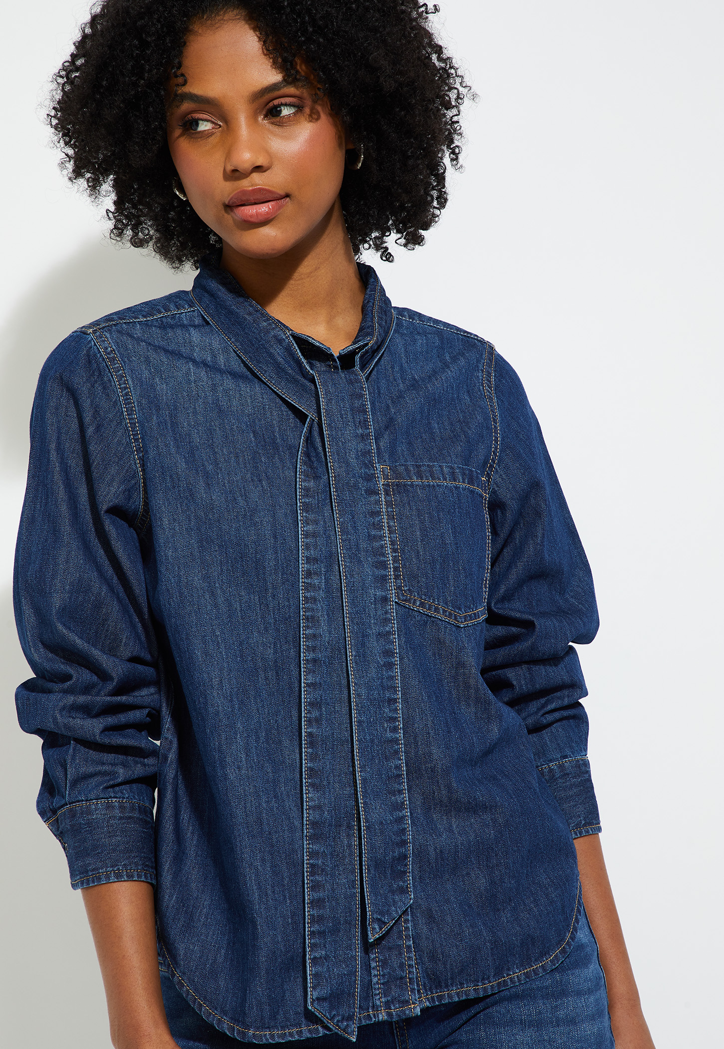 Women Pussy Bow Denim Shirt-picture-37