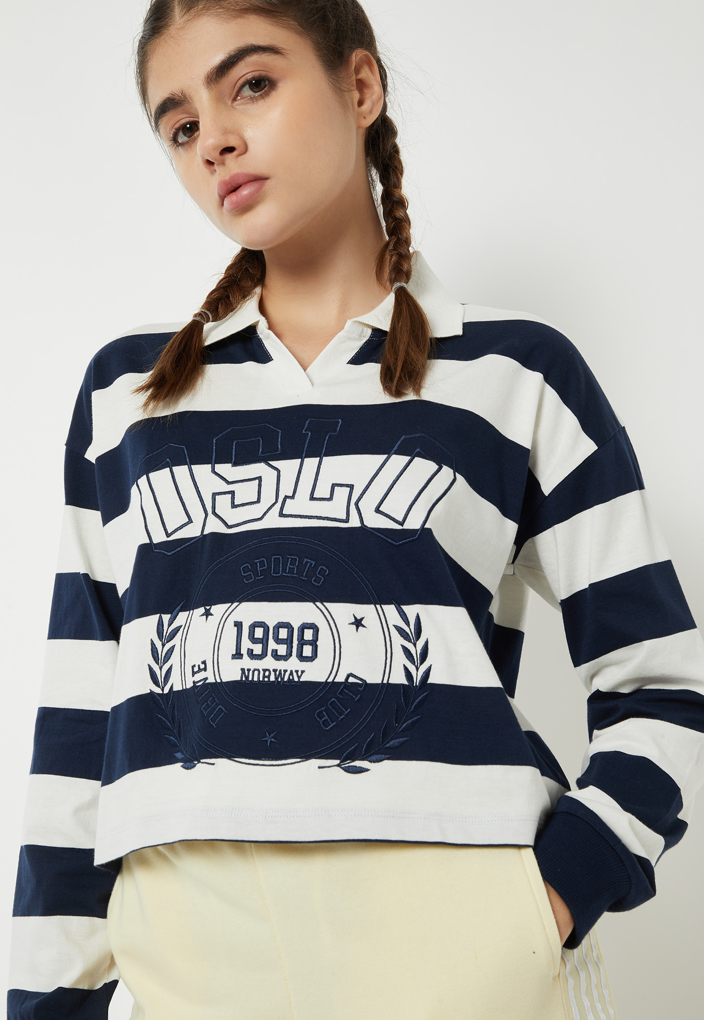 Women Striped Johnny Collar Sports T-shirt-picture-46